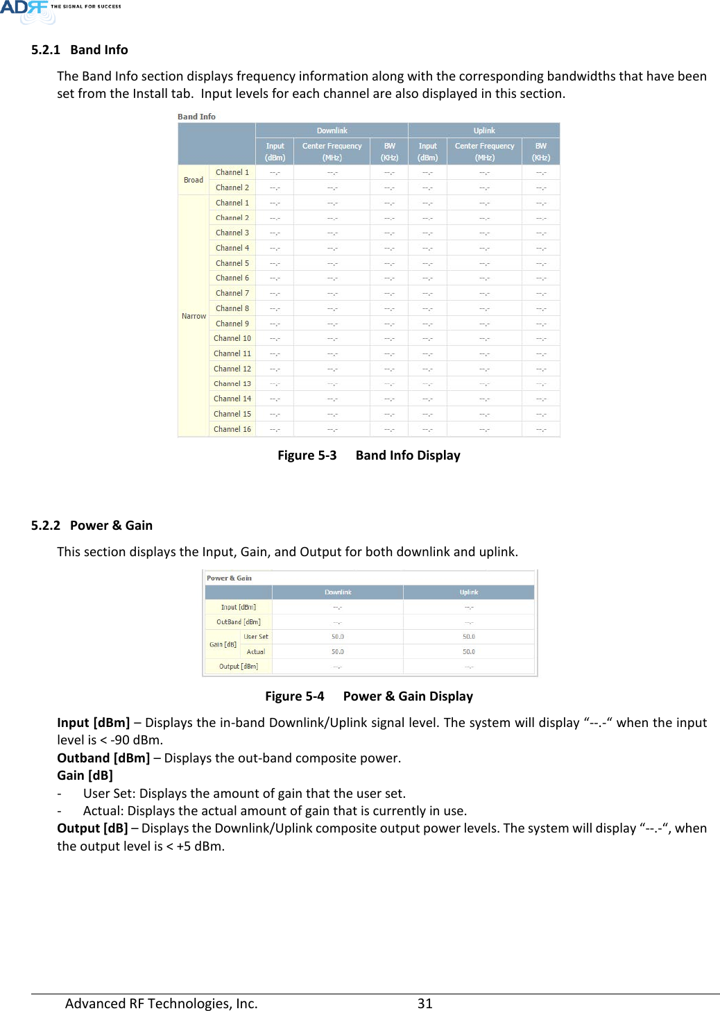  Advanced RF Technologies, Inc.       31   5.2.1 Band Info The Band Info section displays frequency information along with the corresponding bandwidths that have been set from the Install tab.  Input levels for each channel are also displayed in this section.   Figure 5-3  Band Info Display   5.2.2 Power &amp; Gain This section displays the Input, Gain, and Output for both downlink and uplink.  Figure 5-4  Power &amp; Gain Display Input [dBm] – Displays the in-band Downlink/Uplink signal level. The system will display “--.-“ when the input level is &lt; -90 dBm. Outband [dBm] – Displays the out-band composite power.   Gain [dB]  - User Set: Displays the amount of gain that the user set. - Actual: Displays the actual amount of gain that is currently in use. Output [dB] – Displays the Downlink/Uplink composite output power levels. The system will display “--.-“, when the output level is &lt; +5 dBm.    