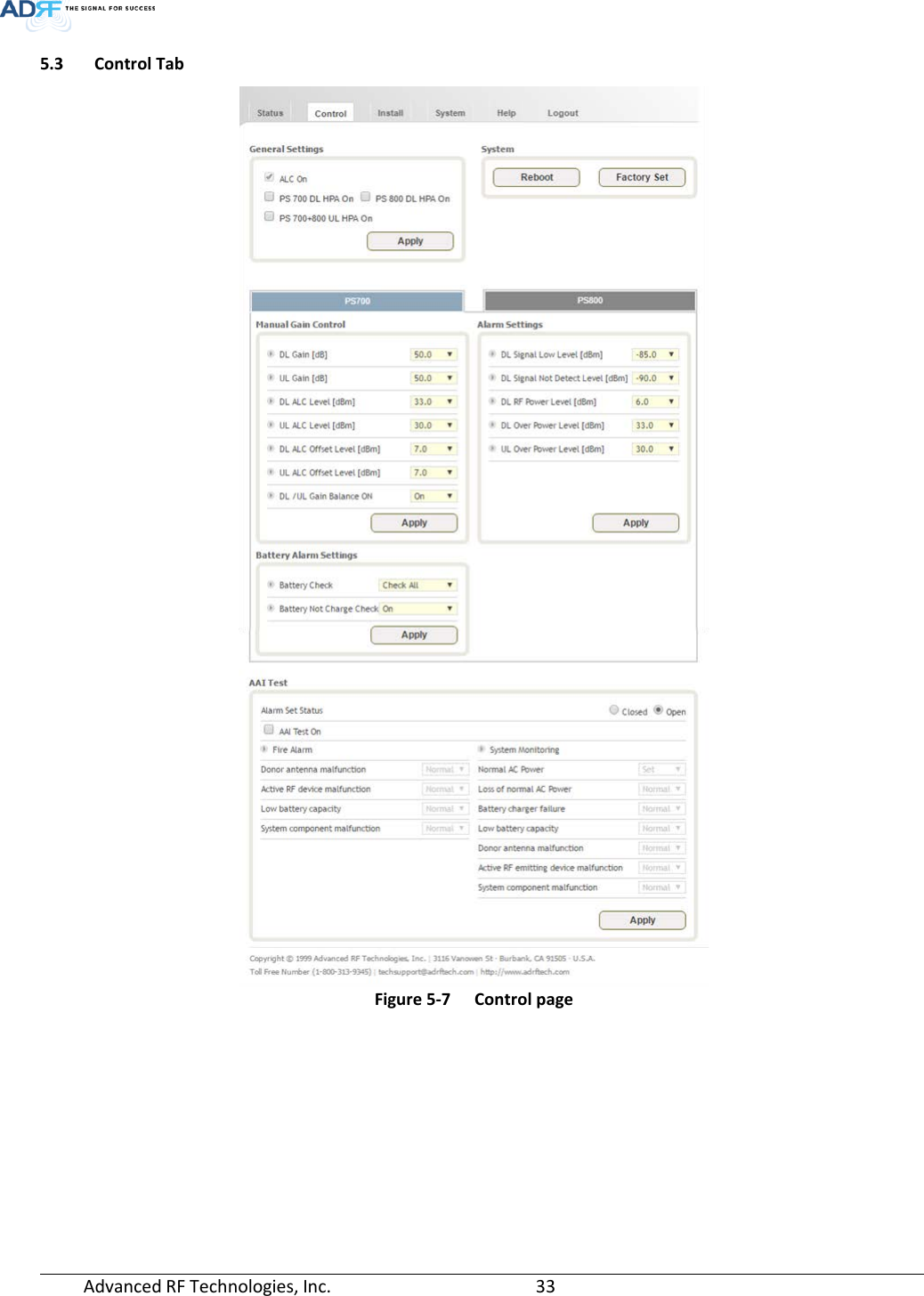  Advanced RF Technologies, Inc.       33   5.3  Control Tab  Figure 5-7  Control page   