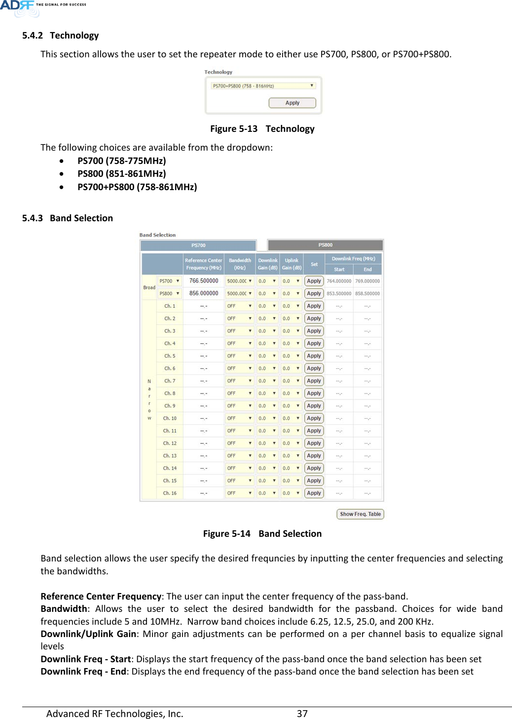  Advanced RF Technologies, Inc.       37   5.4.2 Technology This section allows the user to set the repeater mode to either use PS700, PS800, or PS700+PS800.  Figure 5-13 Technology The following choices are available from the dropdown: • PS700 (758-775MHz)  • PS800 (851-861MHz)  • PS700+PS800 (758-861MHz)  5.4.3 Band Selection  Figure 5-14 Band Selection Band selection allows the user specify the desired frequncies by inputting the center frequencies and selecting the bandwidths.  Reference Center Frequency: The user can input the center frequency of the pass-band. Bandwidth:  Allows the user to select the desired bandwidth for the passband. Choices for wide band frequencies include 5 and 10MHz.  Narrow band choices include 6.25, 12.5, 25.0, and 200 KHz. Downlink/Uplink Gain:  Minor gain adjustments can be performed on a per channel basis to equalize signal levels Downlink Freq - Start: Displays the start frequency of the pass-band once the band selection has been set Downlink Freq - End: Displays the end frequency of the pass-band once the band selection has been set   