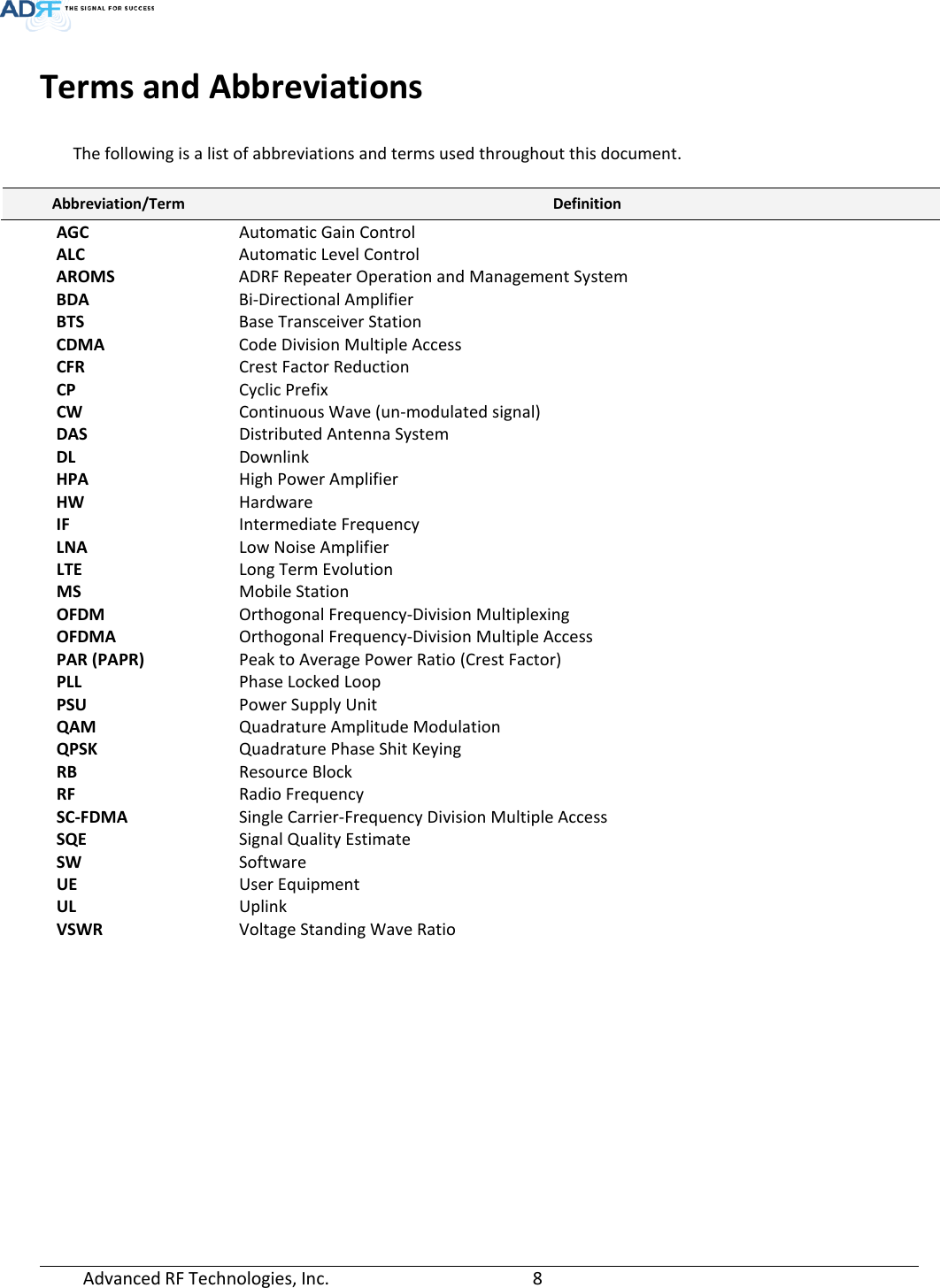  Advanced RF Technologies, Inc.       8   Terms and Abbreviations  The following is a list of abbreviations and terms used throughout this document.  Abbreviation/Term Definition AGC Automatic Gain Control ALC Automatic Level Control AROMS ADRF Repeater Operation and Management System BDA Bi-Directional Amplifier BTS Base Transceiver Station CDMA Code Division Multiple Access CFR Crest Factor Reduction CP Cyclic Prefix CW Continuous Wave (un-modulated signal) DAS Distributed Antenna System DL Downlink HPA High Power Amplifier HW Hardware IF Intermediate Frequency LNA   Low Noise Amplifier LTE Long Term Evolution MS Mobile Station  OFDM   Orthogonal Frequency-Division Multiplexing OFDMA Orthogonal Frequency-Division Multiple Access PAR (PAPR) Peak to Average Power Ratio (Crest Factor) PLL Phase Locked Loop PSU  Power Supply Unit QAM Quadrature Amplitude Modulation QPSK Quadrature Phase Shit Keying RB Resource Block RF Radio Frequency SC-FDMA Single Carrier-Frequency Division Multiple Access SQE Signal Quality Estimate SW Software UE  User Equipment UL Uplink VSWR Voltage Standing Wave Ratio     