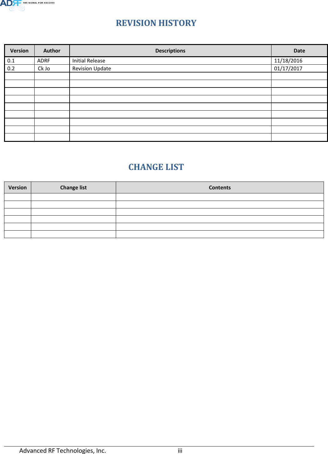  Advanced RF Technologies, Inc.       iii   REVISION HISTORY   CHANGE LIST Version Change list Contents                      Version Author Descriptions  Date 0.1 ADRF Initial Release 11/18/2016 0.2 Ck Jo Revision Update 01/17/2017                                     