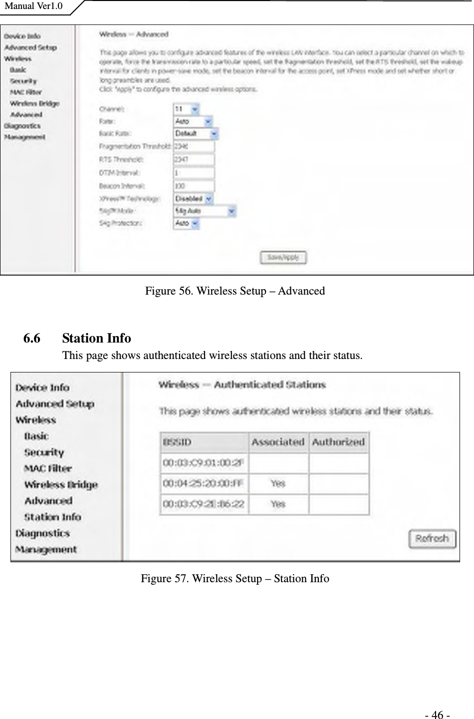    Manual Ver1.0                                                                      - 46 - Figure 56. Wireless Setup – Advanced  6.6 Station Info This page shows authenticated wireless stations and their status.  Figure 57. Wireless Setup – Station Info     