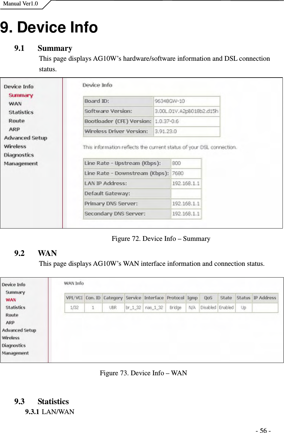   Manual Ver1.0                                                                      - 56 - 9. Device Info 9.1 Summary This page displays AG10W’s hardware/software information and DSL connection status.            Figure 72. Device Info – Summary 9.2 WAN This page displays AG10W’s WAN interface information and connection status.   Figure 73. Device Info – WAN  9.3 Statistics 9.3.1 LAN/WAN 
