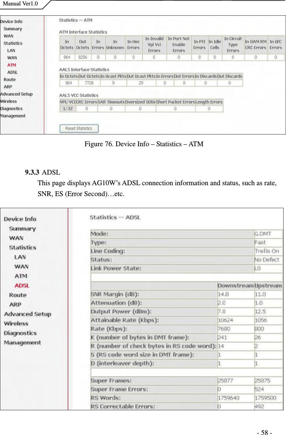    Manual Ver1.0                                                                      - 58 -   Figure 76. Device Info – Statistics – ATM  9.3.3 ADSL This page displays AG10W’s ADSL connection information and status, such as rate, SNR, ES (Error Second)…etc.    
