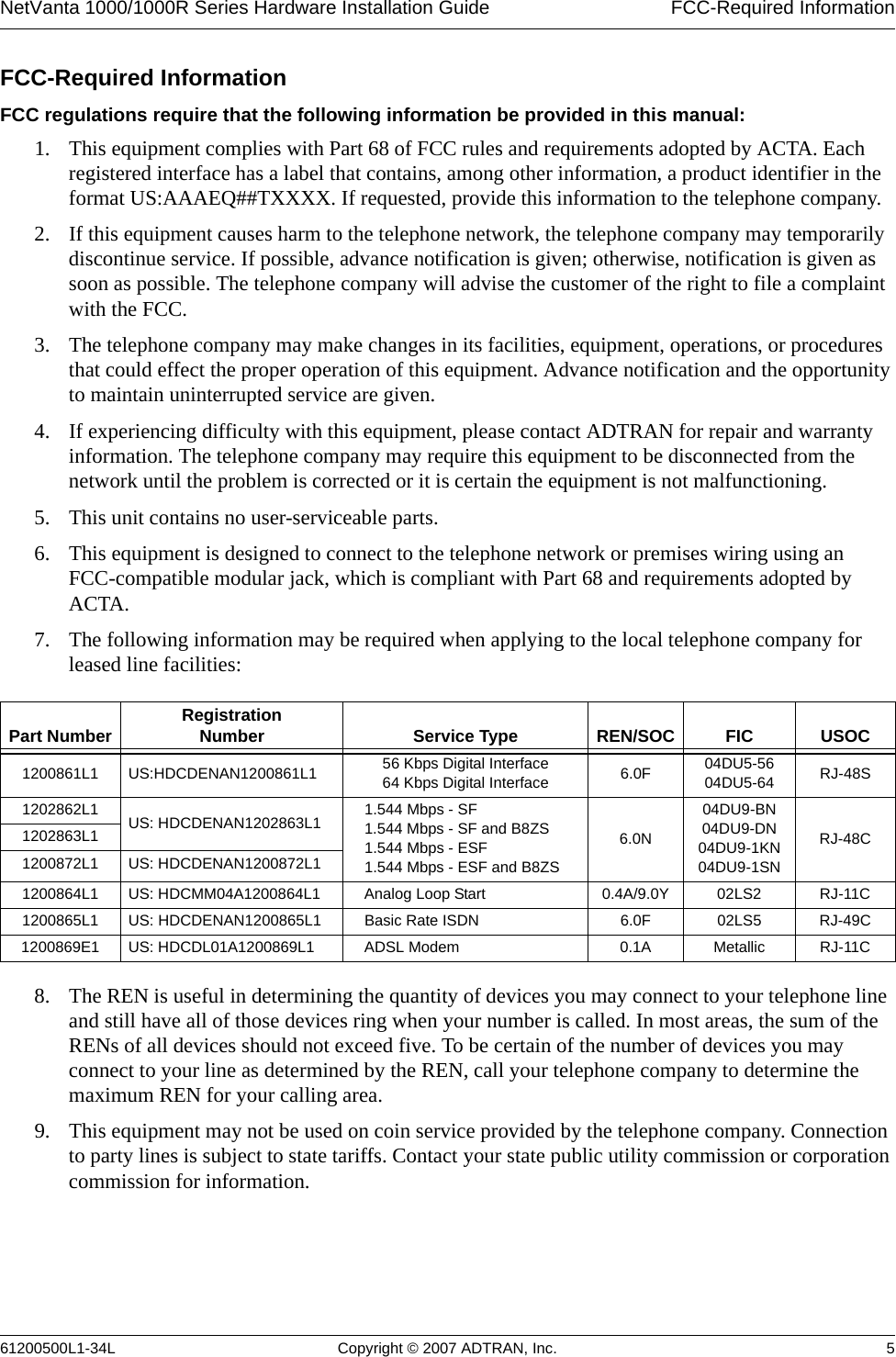 NetVanta 1000/1000R Series Hardware Installation Guide  FCC-Required Information61200500L1-34L Copyright © 2007 ADTRAN, Inc. 5FCC-Required InformationFCC regulations require that the following information be provided in this manual:1. This equipment complies with Part 68 of FCC rules and requirements adopted by ACTA. Each registered interface has a label that contains, among other information, a product identifier in the format US:AAAEQ##TXXXX. If requested, provide this information to the telephone company.2. If this equipment causes harm to the telephone network, the telephone company may temporarily discontinue service. If possible, advance notification is given; otherwise, notification is given as soon as possible. The telephone company will advise the customer of the right to file a complaint with the FCC.3. The telephone company may make changes in its facilities, equipment, operations, or procedures that could effect the proper operation of this equipment. Advance notification and the opportunity to maintain uninterrupted service are given. 4. If experiencing difficulty with this equipment, please contact ADTRAN for repair and warranty information. The telephone company may require this equipment to be disconnected from the network until the problem is corrected or it is certain the equipment is not malfunctioning.5. This unit contains no user-serviceable parts.6. This equipment is designed to connect to the telephone network or premises wiring using an FCC-compatible modular jack, which is compliant with Part 68 and requirements adopted by ACTA.7. The following information may be required when applying to the local telephone company for leased line facilities:8. The REN is useful in determining the quantity of devices you may connect to your telephone line and still have all of those devices ring when your number is called. In most areas, the sum of the RENs of all devices should not exceed five. To be certain of the number of devices you may connect to your line as determined by the REN, call your telephone company to determine the maximum REN for your calling area.9. This equipment may not be used on coin service provided by the telephone company. Connection to party lines is subject to state tariffs. Contact your state public utility commission or corporation commission for information.Part Number RegistrationNumber Service Type REN/SOC FIC USOC1200861L1 US:HDCDENAN1200861L1 56 Kbps Digital Interface64 Kbps Digital Interface 6.0F 04DU5-5604DU5-64 RJ-48S1202862L1 US: HDCDENAN1202863L1 1.544 Mbps - SF1.544 Mbps - SF and B8ZS1.544 Mbps - ESF1.544 Mbps - ESF and B8ZS6.0N04DU9-BN04DU9-DN04DU9-1KN04DU9-1SNRJ-48C1202863L11200872L1 US: HDCDENAN1200872L11200864L1 US: HDCMM04A1200864L1 Analog Loop Start 0.4A/9.0Y 02LS2 RJ-11C1200865L1 US: HDCDENAN1200865L1 Basic Rate ISDN 6.0F 02LS5 RJ-49C1200869E1 US: HDCDL01A1200869L1 ADSL Modem 0.1A Metallic RJ-11C