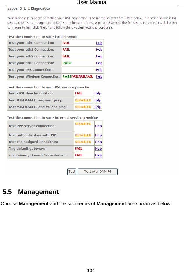 User Manual 104   5.5   Management Choose Management and the submenus of Management are shown as below: 