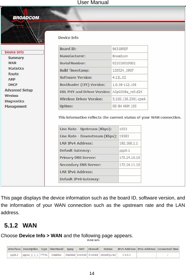 User Manual 14   This page displays the device information such as the board ID, software version, and the information of your WAN connection such as the upstream rate and the LAN address. 5.1.2   WAN Choose Device Info &gt; WAN and the following page appears.   