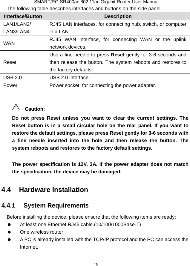               SMART/RG SR400ac 802.11ac Gigabit Router User Manual 19 The following table describes interfaces and buttons on the side panel. Interface/Button  Description LAN1/LAN2/ LAN3/LAN4 RJ45 LAN interfaces, for connecting hub, switch, or computer in a LAN. WAN  RJ45 WAN interface, for connecting WAN or the uplink network devices. Reset Use a fine needle to press Reset gently for 3-6 seconds and then release the button. The system reboots and restores to the factory defaults. USB 2.0  USB 2.0 interface. Power  Power socket, for connecting the power adapter.   Caution: Do not press Reset unless you want to clear the current settings. The Reset button is in a small circular hole on the rear panel. If you want to restore the default settings, please press Reset gently for 3-6 seconds with a fine needle inserted into the hole and then release the button. The system reboots and restores to the factory default settings. The power specification is 12V, 3A. If the power adapter does not match the specification, the device may be damaged. 4.4   Hardware Installation 4.4.1   System Requirements Before installing the device, please ensure that the following items are ready:   At least one Ethernet RJ45 cable (10/100/1000Base-T)  One wireless router   A PC is already installed with the TCP/IP protocol and the PC can access the Internet. 