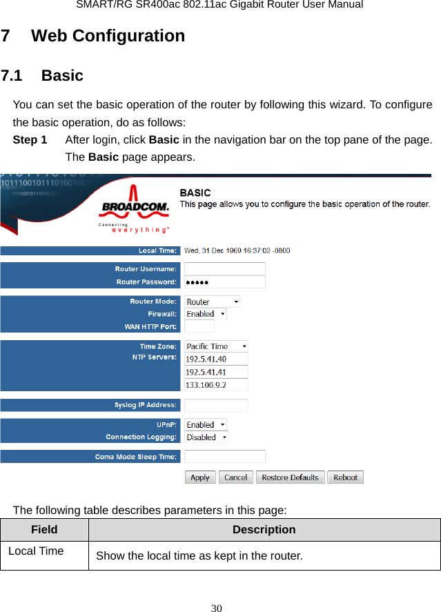               SMART/RG SR400ac 802.11ac Gigabit Router User Manual 30 7   Web Configuration 7.1   Basic You can set the basic operation of the router by following this wizard. To configure the basic operation, do as follows: Step 1  After login, click Basic in the navigation bar on the top pane of the page. The Basic page appears.  The following table describes parameters in this page: Field  Description Local Time  Show the local time as kept in the router. 