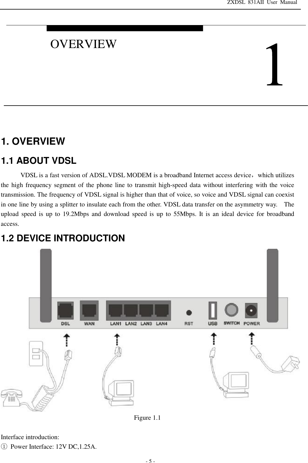 ZXDSL 831AII User Manual  - 5 -  1. OVERVIEW 1.1 ABOUT VDSL VDSL is a fast version of ADSL.VDSL MODEM is a broadband Internet access device，which utilizes the high frequency segment of the phone line to transmit high-speed data without interfering with the voice transmission. The frequency of VDSL signal is higher than that of voice, so voice and VDSL signal can coexist in one line by using a splitter to insulate each from the other. VDSL data transfer on the asymmetry way.  The upload speed is up to 19.2Mbps and download speed is up to 55Mbps. It is an ideal device for broadband access. 1.2 DEVICE INTRODUCTION  Figure 1.1  Interface introduction: ① Power Interface: 12V DC,1.25A.   OVERVIEW 