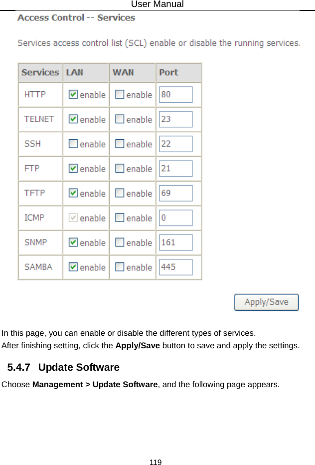 User Manual 119   In this page, you can enable or disable the different types of services. After finishing setting, click the Apply/Save button to save and apply the settings. 5.4.7   Update Software Choose Management &gt; Update Software, and the following page appears.   