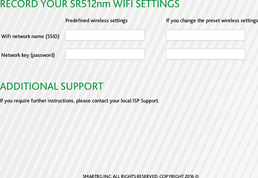 RECORD YOUR SR512nm WIFI SETTINGSPredefined wireless settings If you change the preset wireless settingsWiFi network name (SSID)Network key (password)ADDITIONAL SUPPORTIf you require further instructions, please contact your local ISP Support.SMARTRG INC. ALL RIGHTS RESERVED. COPYRIGHT 2016 ©