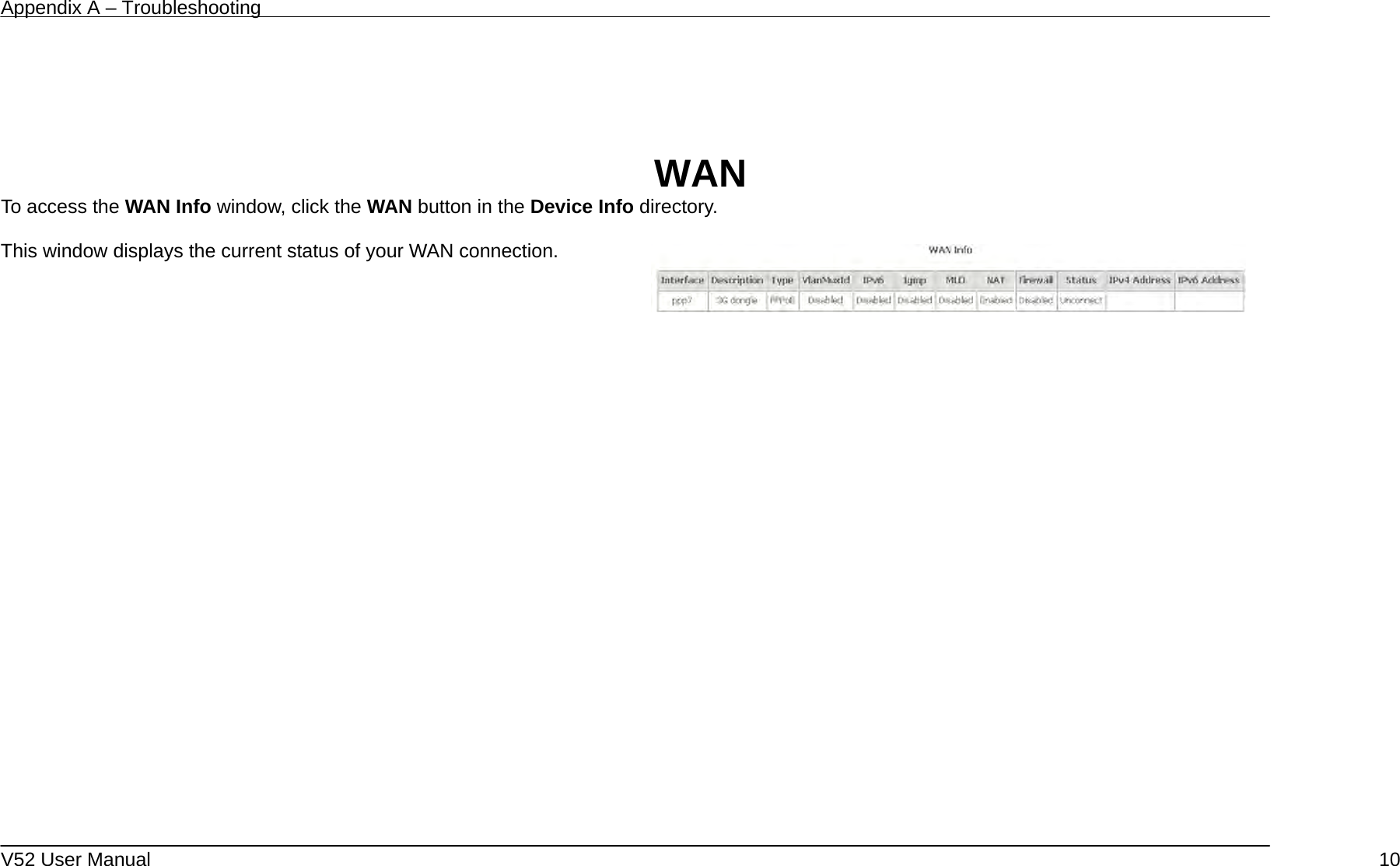 Appendix A – Troubleshooting   V52 User Manual    10   WAN To access the WAN Info window, click the WAN button in the Device Info directory.  This window displays the current status of your WAN connection.  