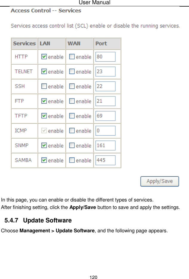 User Manual120In this page, you can enable or disable the different types of services.After finishing setting, click the Apply/Save button to save and apply the settings.5.4.7 Update SoftwareChoose Management &gt; Update Software, and the following page appears. 