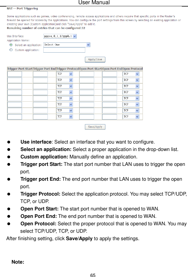 User Manual65Use interface: Select an interface that you want to configure.Select an application: Select a proper application in the drop-down list.Custom application: Manually define an application.Trigger port Start: The start port number that LAN uses to trigger the openport.Trigger port End: The end port number that LAN uses to trigger the openport.Trigger Protocol: Select the application protocol. You may select TCP/UDP,TCP, or UDP.Open Port Start: The start port number that is opened to WAN.Open Port End: The end port number that is opened to WAN.Open Protocol: Select the proper protocol that is opened to WAN. You mayselect TCP/UDP, TCP, or UDP.After finishing setting, click Save/Apply to apply the settings.Note: