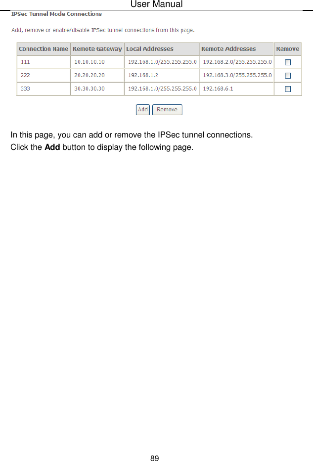 User Manual89In this page, you can add or remove the IPSec tunnel connections.Click the Add button to display the following page.