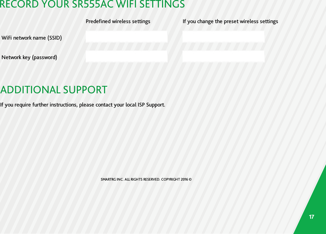 RECORD YOUR SR555AC WIFI SETTINGSPredefined wireless settings If you change the preset wireless settingsWiFi network name (SSID)Network key (password)ADDITIONAL SUPPORTIf you require further instructions, please contact your local ISP Support.SMARTRG INC. ALL RIGHTS RESERVED. COPYRIGHT 2016 ©17