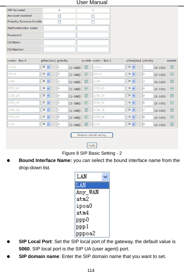 User Manual 114  Figure 8 SIP Basic Setting - 2   Bound Interface Name: you can select the bound interface name from the drop-down list.    SIP Local Port: Set the SIP local port of the gateway, the default value is 5060. SIP local port is the SIP UA (user agent) port.   SIP domain name: Enter the SIP domain name that you want to set. 