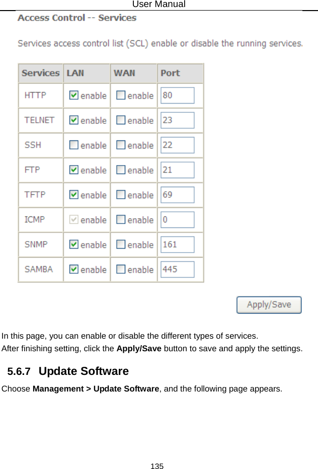 User Manual 135   In this page, you can enable or disable the different types of services. After finishing setting, click the Apply/Save button to save and apply the settings. 5.6.7   Update Software Choose Management &gt; Update Software, and the following page appears.   