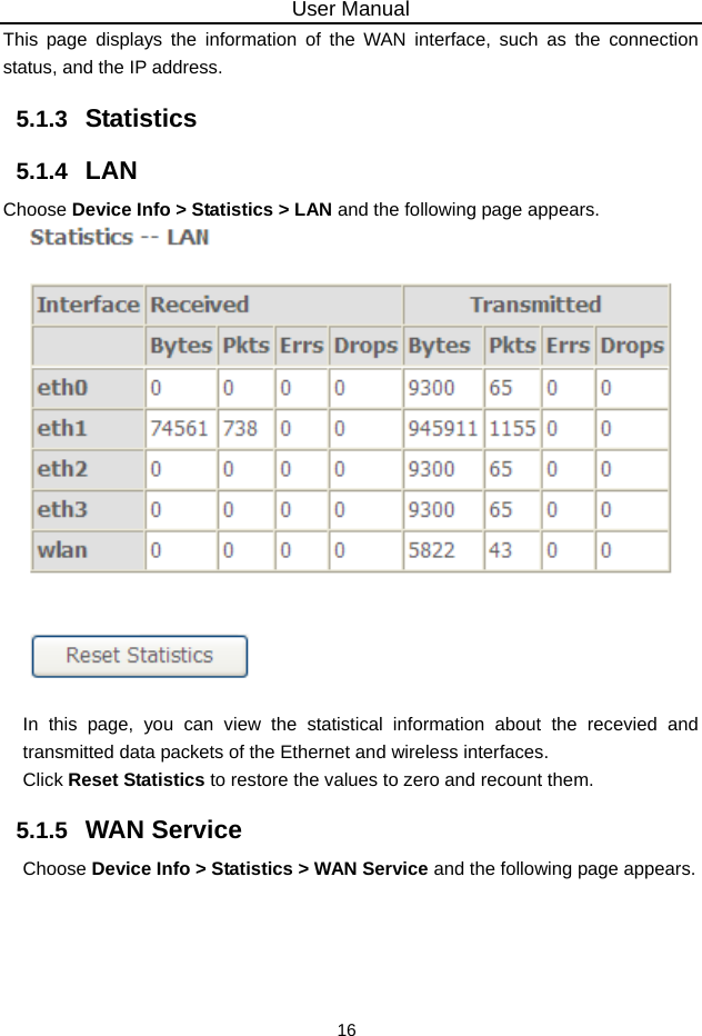 User Manual 16 This page displays the information of the WAN interface, such as the connection status, and the IP address. 5.1.3   Statistics 5.1.4   LAN Choose Device Info &gt; Statistics &gt; LAN and the following page appears.     In this page, you can view the statistical information about the recevied and transmitted data packets of the Ethernet and wireless interfaces.   Click Reset Statistics to restore the values to zero and recount them. 5.1.5   WAN Service Choose Device Info &gt; Statistics &gt; WAN Service and the following page appears.   