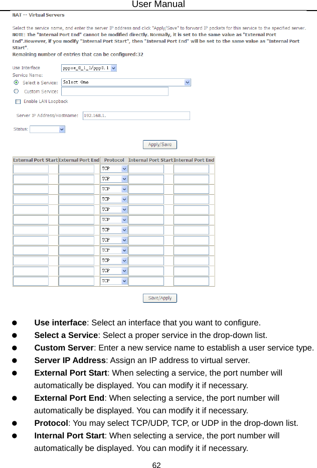 User Manual 62     Use interface: Select an interface that you want to configure.   Select a Service: Select a proper service in the drop-down list.   Custom Server: Enter a new service name to establish a user service type.   Server IP Address: Assign an IP address to virtual server.   External Port Start: When selecting a service, the port number will automatically be displayed. You can modify it if necessary.   External Port End: When selecting a service, the port number will automatically be displayed. You can modify it if necessary.   Protocol: You may select TCP/UDP, TCP, or UDP in the drop-down list.   Internal Port Start: When selecting a service, the port number will automatically be displayed. You can modify it if necessary. 