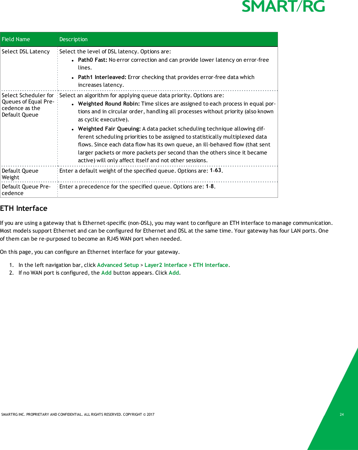 SMARTRG INC. PROPRIETARY AND CONFIDENTIAL. ALL RIGHTS RESERVED. COPYRIGHT © 2017 24Field Name DescriptionSelect DSL Latency Select the level of DSL latency. Options are:lPath0 Fast: No error correction and can provide lower latency on error-freelines.lPath1 Interleaved: Error checking that provides error-free data whichincreases latency.Select Scheduler forQueues of Equal Pre-cedence as theDefault QueueSelect an algorithm for applying queue data priority. Options are:lWeighted Round Robin: Time slices are assigned to each process in equal por-tions and in circular order, handling all processes without priority (also knownas cyclic executive).lWeighted Fair Queuing: A data packet scheduling technique allowing dif-ferent scheduling priorities to be assigned to statistically multiplexed dataflows. Since each data flow has its own queue, an ill-behaved flow (that sentlarger packets or more packets per second than the others since it becameactive) will only affect itself and not other sessions.Default QueueWeightEnter a default weight of the specified queue. Options are: 1-63.Default Queue Pre-cedenceEnter a precedence for the specified queue. Options are: 1-8.ETH InterfaceIf you are using a gateway that is Ethernet-specific (non-DSL), you may want to configure an ETH interface to manage communication.Most models support Ethernet and can be configured for Ethernet and DSL at the same time. Your gateway has four LAN ports. Oneof them can be re-purposed to become an RJ45 WAN port when needed.On this page, you can configure an Ethernet interface for your gateway.1. In the left navigation bar, click Advanced Setup &gt;Layer2 Interface &gt;ETH Interface.2. If no WAN port is configured, the Add button appears. Click Add.