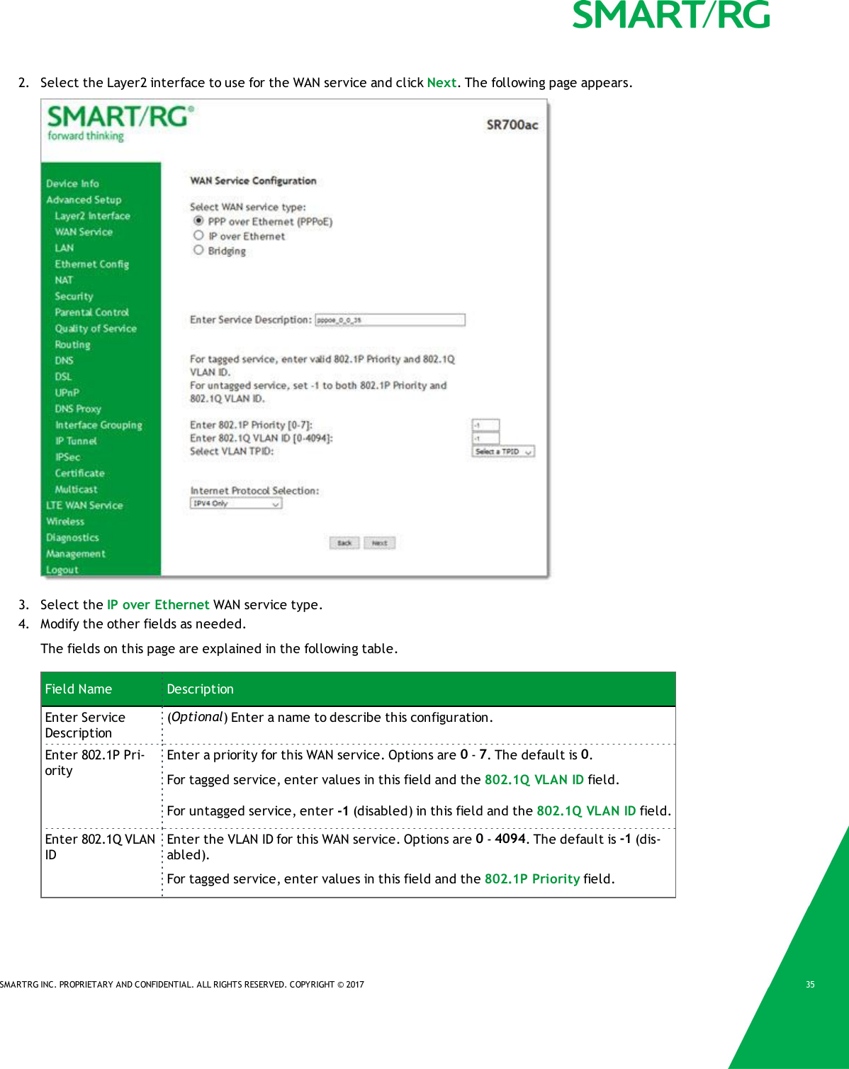 SMARTRG INC. PROPRIETARY AND CONFIDENTIAL. ALL RIGHTS RESERVED. COPYRIGHT © 2017 352. Select the Layer2 interface to use for the WAN service and click Next. The following page appears.3. Select the IP over Ethernet WAN service type.4. Modify the other fields as needed.The fields on this page are explained in the following table.Field Name DescriptionEnter ServiceDescription(Optional) Enter a name to describe this configuration.Enter 802.1P Pri-orityEnter a priority for this WAN service. Options are 0-7. The default is 0.For tagged service, enter values in this field and the 802.1Q VLAN ID field.For untagged service, enter -1 (disabled) in this field and the 802.1Q VLAN ID field.Enter 802.1Q VLANIDEnter the VLAN ID for this WAN service. Options are 0-4094. The default is -1 (dis-abled).For tagged service, enter values in this field and the 802.1P Priority field.