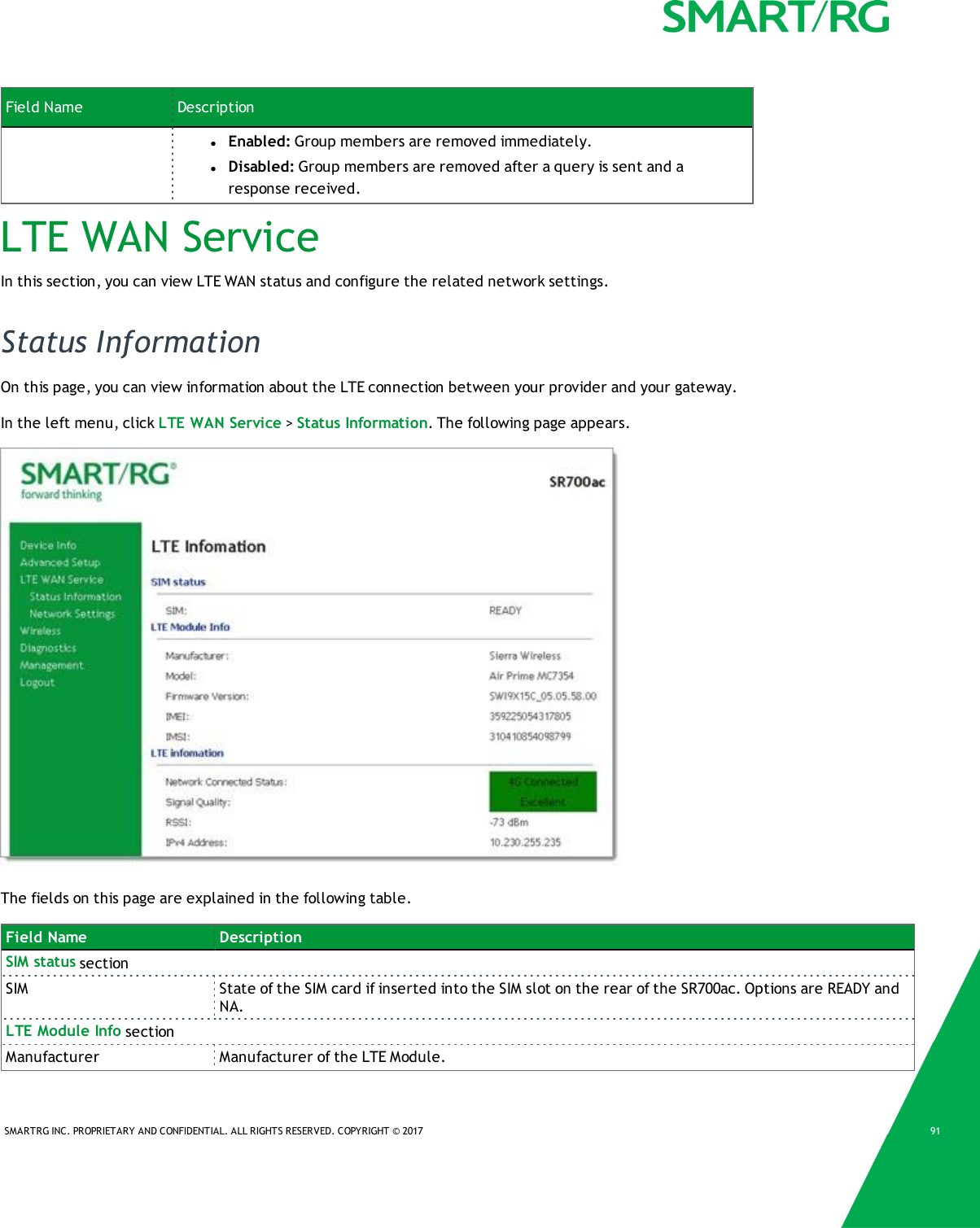 SMARTRG INC. PROPRIETARY AND CONFIDENTIAL. ALL RIGHTS RESERVED. COPYRIGHT © 2017 91Field Name DescriptionlEnabled: Group members are removed immediately.lDisabled: Group members are removed after a query is sent and aresponse received.LTE WAN ServiceIn this section, you can view LTE WAN status and configure the related network settings.Status InformationOn this page, you can view information about the LTE connection between your provider and your gateway.In the left menu, click LTE WAN Service &gt;Status Information. The following page appears.The fields on this page are explained in the following table.Field Name DescriptionSIM status sectionSIM State of the SIM card if inserted into the SIM slot on the rear of the SR700ac. Options are READY andNA.LTE Module Info sectionManufacturer Manufacturer of the LTE Module.
