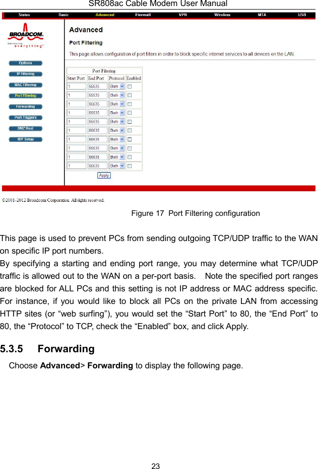 SR808ac Cable Modem User Manual23Figure 17 Port Filtering configurationThis page is used to prevent PCs from sending outgoing TCP/UDP traffic to the WANon specific IP port numbers.By specifying a starting and ending port range, you may determine what TCP/UDPtraffic is allowed out to the WAN on a per-port basis. Note the specified port rangesare blocked for ALL PCs and this setting is not IP address or MAC address specific.For instance, if you would like to block all PCs on the private LAN from accessingHTTP sites (or “web surfing”), you would set the “Start Port” to 80, the “End Port” to80, the “Protocol” to TCP, check the “Enabled” box, and click Apply.5.3.5 ForwardingChoose Advanced&gt;Forwarding to display the following page.