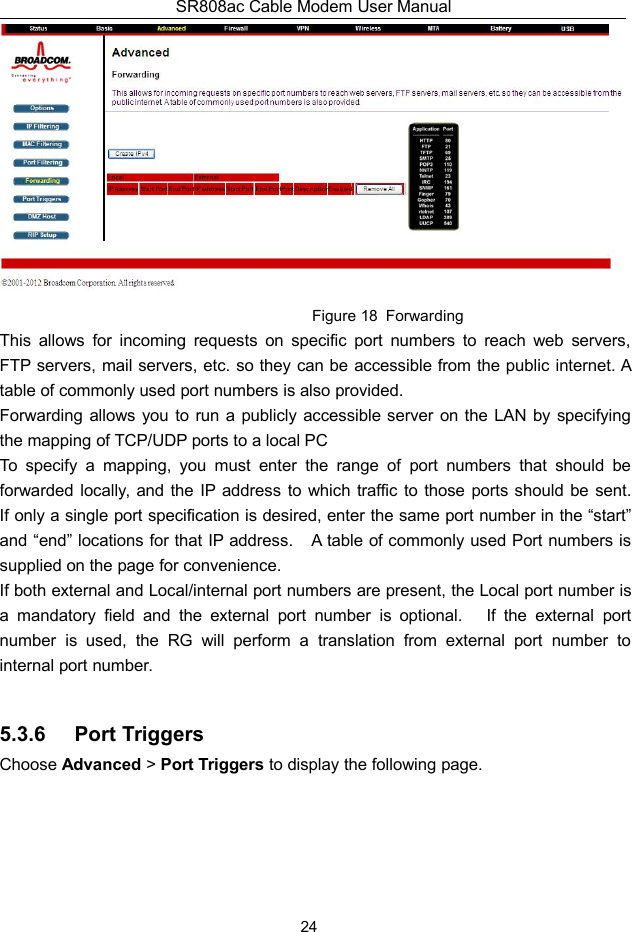 SR808ac Cable Modem User Manual24Figure 18 ForwardingThis allows for incoming requests on specific port numbers to reach web servers,FTP servers, mail servers, etc. so they can be accessible from the public internet. Atable of commonly used port numbers is also provided.Forwarding allows you to run a publicly accessible server on the LAN by specifyingthe mapping of TCP/UDP ports to a local PCTo specify a mapping, you must enter the range of port numbers that should beforwarded locally, and the IP address to which traffic to those ports should be sent.If only a single port specification is desired, enter the same port number in the “start”and “end” locations for that IP address. A table of commonly used Port numbers issupplied on the page for convenience.If both external and Local/internal port numbers are present, the Local port number isa mandatory field and the external port number is optional. If the external portnumber is used, the RG will perform a translation from external port number tointernal port number.5.3.6 Port TriggersChoose Advanced &gt;Port Triggers to display the following page.