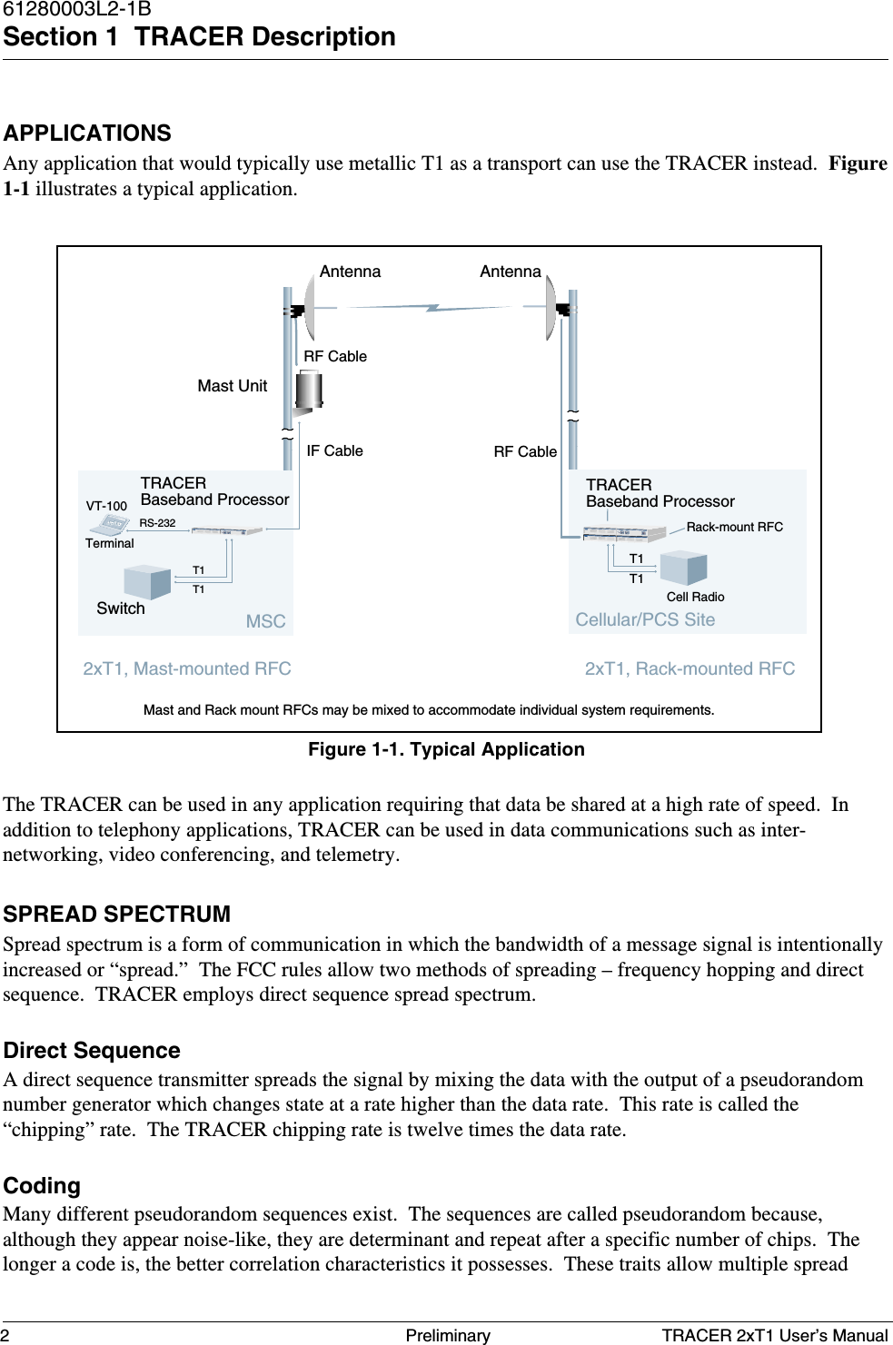 TRACER 2xT1 User’s Manual61280003L2-1BSection 1  TRACER Description2 PreliminaryAPPLICATIONSAny application that would typically use metallic T1 as a transport can use the TRACER instead.  Figure1-1 illustrates a typical application.The TRACER can be used in any application requiring that data be shared at a high rate of speed.  Inaddition to telephony applications, TRACER can be used in data communications such as inter-networking, video conferencing, and telemetry.SPREAD SPECTRUMSpread spectrum is a form of communication in which the bandwidth of a message signal is intentionallyincreased or “spread.”  The FCC rules allow two methods of spreading – frequency hopping and directsequence.  TRACER employs direct sequence spread spectrum.Direct SequenceA direct sequence transmitter spreads the signal by mixing the data with the output of a pseudorandomnumber generator which changes state at a rate higher than the data rate.  This rate is called the“chipping” rate.  The TRACER chipping rate is twelve times the data rate.CodingMany different pseudorandom sequences exist.  The sequences are called pseudorandom because,although they appear noise-like, they are determinant and repeat after a specific number of chips.  Thelonger a code is, the better correlation characteristics it possesses.  These traits allow multiple spreadFigure 1-1. Typical ApplicationTerminalVT-100Switch Cell RadioRS-232Cellular/PCS SiteAntenna AntennaIF CableRF CableMast UnitMast and Rack mount RFCs may be mixed to accommodate individual system requirements.TRACERBaseband Processor2xT1, Rack-mounted RFCTRACERBaseband ProcessorT1T1T1T1MSCT1BDATA AISBDATA AIST1POWTRANSCEITRACER2xT1, Mast-mounted RFCTRACERT1BPDATA AISBDATA AIST1POWTRANSCEITRACERRack-mount RFCRF Cable