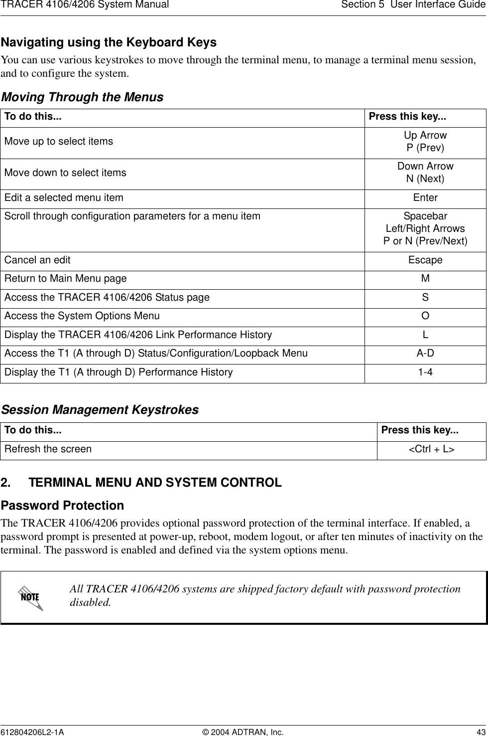 TRACER 4106/4206 System Manual Section 5  User Interface Guide612804206L2-1A © 2004 ADTRAN, Inc. 43Navigating using the Keyboard KeysYou can use various keystrokes to move through the terminal menu, to manage a terminal menu session, and to configure the system.Moving Through the MenusSession Management Keystrokes2. TERMINAL MENU AND SYSTEM CONTROLPassword ProtectionThe TRACER 4106/4206 provides optional password protection of the terminal interface. If enabled, a password prompt is presented at power-up, reboot, modem logout, or after ten minutes of inactivity on the terminal. The password is enabled and defined via the system options menu.To do this... Press this key...Move up to select items Up ArrowP (Prev)Move down to select items Down ArrowN (Next)Edit a selected menu item EnterScroll through configuration parameters for a menu item SpacebarLeft/Right ArrowsP or N (Prev/Next)Cancel an edit EscapeReturn to Main Menu page MAccess the TRACER 4106/4206 Status page SAccess the System Options Menu ODisplay the TRACER 4106/4206 Link Performance History LAccess the T1 (A through D) Status/Configuration/Loopback Menu A-DDisplay the T1 (A through D) Performance History 1-4To do this... Press this key...Refresh the screen &lt;Ctrl + L&gt;All TRACER 4106/4206 systems are shipped factory default with password protection disabled.