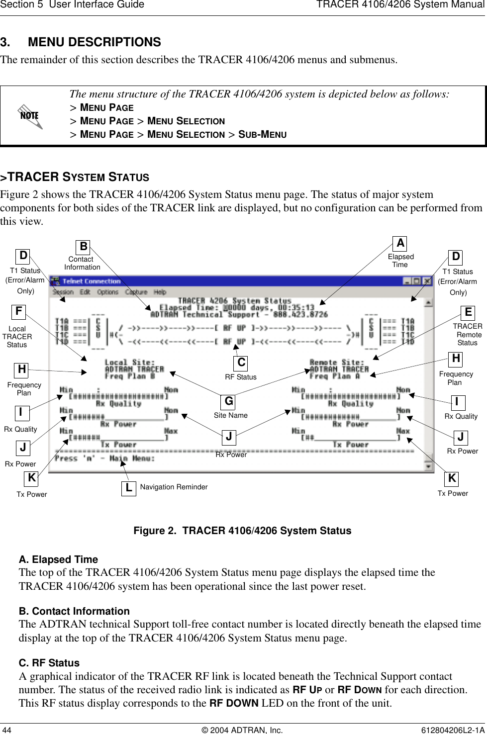Section 5  User Interface Guide TRACER 4106/4206 System Manual 44 © 2004 ADTRAN, Inc. 612804206L2-1A3. MENU DESCRIPTIONSThe remainder of this section describes the TRACER 4106/4206 menus and submenus. &gt;TRACER SYSTEM STATUSFigure 2 shows the TRACER 4106/4206 System Status menu page. The status of major system components for both sides of the TRACER link are displayed, but no configuration can be performed from this view.Figure 2.  TRACER 4106/4206 System StatusA. Elapsed TimeThe top of the TRACER 4106/4206 System Status menu page displays the elapsed time theTRACER 4106/4206 system has been operational since the last power reset.B. Contact InformationThe ADTRAN technical Support toll-free contact number is located directly beneath the elapsed time display at the top of the TRACER 4106/4206 System Status menu page.C. RF StatusA graphical indicator of the TRACER RF link is located beneath the Technical Support contact number. The status of the received radio link is indicated as RF UP or RF DOWN for each direction. This RF status display corresponds to the RF DOWN LED on the front of the unit.The menu structure of the TRACER 4106/4206 system is depicted below as follows:&gt; MENU PAGE&gt; MENU PAGE &gt; MENU SELECTION&gt; MENU PAGE &gt; MENU SELECTION &gt; SUB-MENUAElapsedTimeBContactInformationFLocalHFrequencyIRx PowerCRF StatusGDT1 StatusERemoteHIRx QualityKTx PowerJTx PowerKNavigation Reminder(Error/AlarmOnly)TRACERStatusPlanFrequencyPlanTRACERStatusSite NameDT1 Status(Error/AlarmOnly)LRx Quality JRx PowerJRx Power