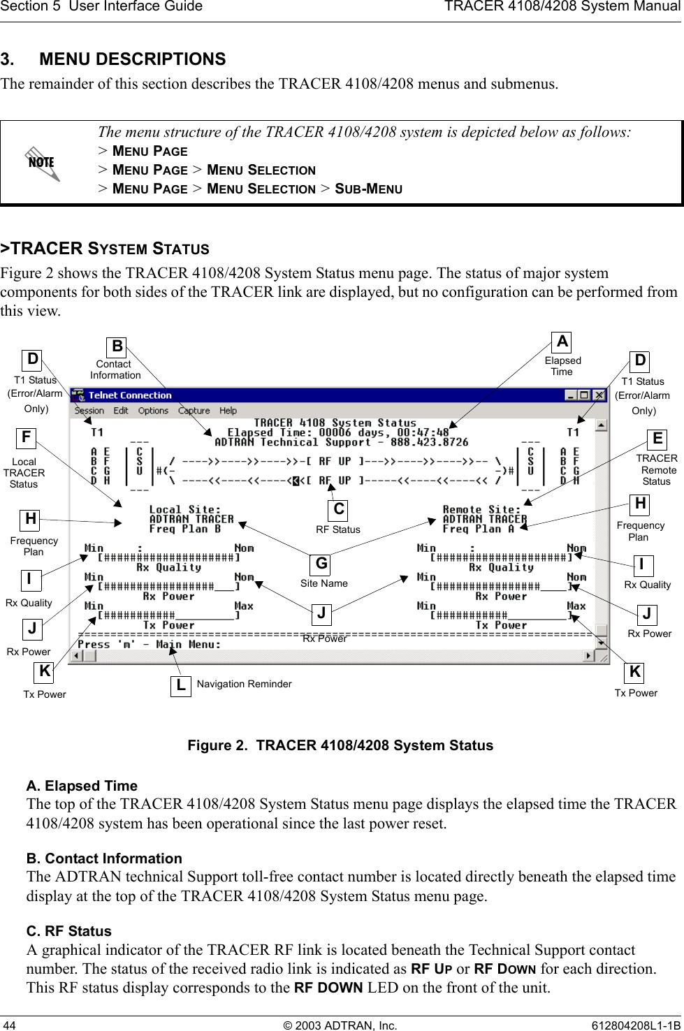 Section 5  User Interface Guide TRACER 4108/4208 System Manual 44 © 2003 ADTRAN, Inc. 612804208L1-1B3. MENU DESCRIPTIONSThe remainder of this section describes the TRACER 4108/4208 menus and submenus. &gt;TRACER SYSTEM STATUSFigure 2 shows the TRACER 4108/4208 System Status menu page. The status of major system components for both sides of the TRACER link are displayed, but no configuration can be performed from this view.Figure 2.  TRACER 4108/4208 System StatusA. Elapsed TimeThe top of the TRACER 4108/4208 System Status menu page displays the elapsed time the TRACER 4108/4208 system has been operational since the last power reset.B. Contact InformationThe ADTRAN technical Support toll-free contact number is located directly beneath the elapsed time display at the top of the TRACER 4108/4208 System Status menu page.C. RF StatusA graphical indicator of the TRACER RF link is located beneath the Technical Support contact number. The status of the received radio link is indicated as RF UP or RF DOWN for each direction. This RF status display corresponds to the RF DOWN LED on the front of the unit.The menu structure of the TRACER 4108/4208 system is depicted below as follows:&gt; MENU PAGE&gt; MENU PAGE &gt; MENU SELECTION&gt; MENU PAGE &gt; MENU SELECTION &gt; SUB-MENUAElapsedTimeBContactInformationFLocalHFrequencyIRx PowerCRF StatusGDT1 StatusERemoteHIRx QualityKTx PowerJTx PowerKNavigation Reminder(Error/AlarmOnly)TRACERStatusPlanFrequencyPlanTRACERStatusSite NameDT1 Status(Error/AlarmOnly)LRx Quality JRx PowerJRx Power