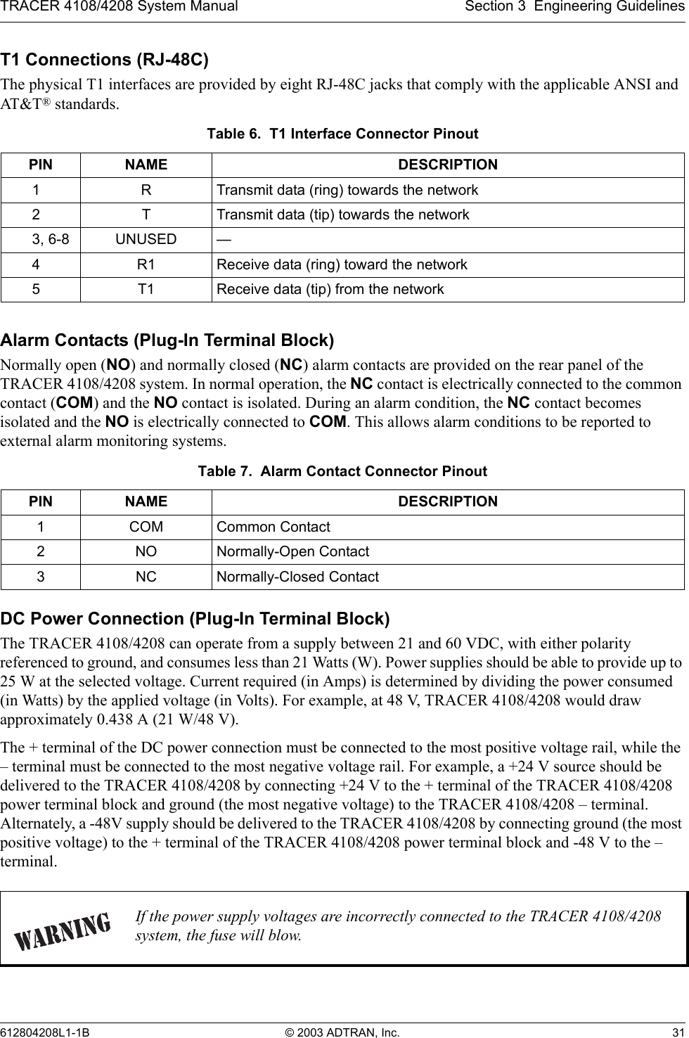 TRACER 4108/4208 System Manual Section 3  Engineering Guidelines612804208L1-1B © 2003 ADTRAN, Inc. 31T1 Connections (RJ-48C)The physical T1 interfaces are provided by eight RJ-48C jacks that comply with the applicable ANSI and AT&amp; T® standards.Alarm Contacts (Plug-In Terminal Block)Normally open (NO) and normally closed (NC) alarm contacts are provided on the rear panel of the TRACER 4108/4208 system. In normal operation, the NC contact is electrically connected to the common contact (COM) and the NO contact is isolated. During an alarm condition, the NC contact becomes isolated and the NO is electrically connected to COM. This allows alarm conditions to be reported to external alarm monitoring systems.DC Power Connection (Plug-In Terminal Block)The TRACER 4108/4208 can operate from a supply between 21 and 60 VDC, with either polarity referenced to ground, and consumes less than 21 Watts (W). Power supplies should be able to provide up to 25 W at the selected voltage. Current required (in Amps) is determined by dividing the power consumed (in Watts) by the applied voltage (in Volts). For example, at 48 V, TRACER 4108/4208 would draw approximately 0.438 A (21 W/48 V). The + terminal of the DC power connection must be connected to the most positive voltage rail, while the – terminal must be connected to the most negative voltage rail. For example, a +24 V source should be delivered to the TRACER 4108/4208 by connecting +24 V to the + terminal of the TRACER 4108/4208 power terminal block and ground (the most negative voltage) to the TRACER 4108/4208 – terminal. Alternately, a -48V supply should be delivered to the TRACER 4108/4208 by connecting ground (the most positive voltage) to the + terminal of the TRACER 4108/4208 power terminal block and -48 V to the – terminal.Table 6.  T1 Interface Connector PinoutPIN NAME DESCRIPTION1RTransmit data (ring) towards the network2 T Transmit data (tip) towards the network3, 6-8 UNUSED —4R1 Receive data (ring) toward the network5T1 Receive data (tip) from the networkTable 7.  Alarm Contact Connector PinoutPIN NAME DESCRIPTION1 COM Common Contact2NO Normally-Open Contact3NC Normally-Closed ContactIf the power supply voltages are incorrectly connected to the TRACER 4108/4208 system, the fuse will blow.