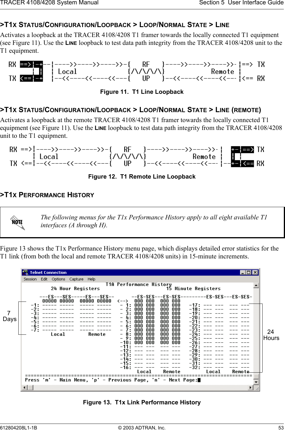 TRACER 4108/4208 System Manual Section 5  User Interface Guide612804208L1-1B © 2003 ADTRAN, Inc. 53&gt;T1X STATUS/CONFIGURATION/LOOPBACK &gt; LOOP/NORMAL STATE &gt; LINEActivates a loopback at the TRACER 4108/4208 T1 framer towards the locally connected T1 equipment (see Figure 11). Use the LINE loopback to test data path integrity from the TRACER 4108/4208 unit to the T1 equipment.Figure 11.  T1 Line Loopback&gt;T1X STATUS/CONFIGURATION/LOOPBACK &gt; LOOP/NORMAL STATE &gt; LINE (REMOTE)Activates a loopback at the remote TRACER 4108/4208 T1 framer towards the locally connected T1 equipment (see Figure 11). Use the LINE loopback to test data path integrity from the TRACER 4108/4208 unit to the T1 equipment.Figure 12.  T1 Remote Line Loopback&gt;T1X PERFORMANCE HISTORYFigure 13 shows the T1x Performance History menu page, which displays detailed error statistics for the T1 link (from both the local and remote TRACER 4108/4208 units) in 15-minute increments. Figure 13.  T1x Link Performance HistoryThe following menus for the T1x Performance History apply to all eight available T1 interfaces (A through H).24 Hours7 Days