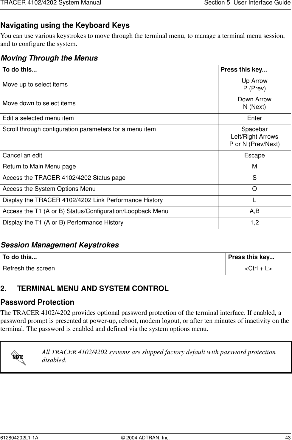 TRACER 4102/4202 System Manual Section 5  User Interface Guide612804202L1-1A © 2004 ADTRAN, Inc. 43Navigating using the Keyboard KeysYou can use various keystrokes to move through the terminal menu, to manage a terminal menu session, and to configure the system.Moving Through the MenusSession Management Keystrokes2. TERMINAL MENU AND SYSTEM CONTROLPassword ProtectionThe TRACER 4102/4202 provides optional password protection of the terminal interface. If enabled, a password prompt is presented at power-up, reboot, modem logout, or after ten minutes of inactivity on the terminal. The password is enabled and defined via the system options menu.To do this... Press this key...Move up to select items Up ArrowP (Prev)Move down to select items Down ArrowN (Next)Edit a selected menu item EnterScroll through configuration parameters for a menu item SpacebarLeft/Right ArrowsP or N (Prev/Next)Cancel an edit EscapeReturn to Main Menu page MAccess the TRACER 4102/4202 Status page SAccess the System Options Menu ODisplay the TRACER 4102/4202 Link Performance History LAccess the T1 (A or B) Status/Configuration/Loopback Menu A,BDisplay the T1 (A or B) Performance History 1,2To do this... Press this key...Refresh the screen &lt;Ctrl + L&gt;All TRACER 4102/4202 systems are shipped factory default with password protection disabled.