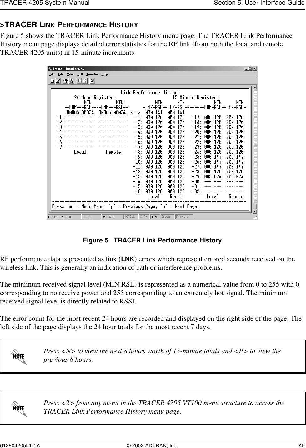 TRACER 4205 System Manual Section 5, User Interface Guide612804205L1-1A © 2002 ADTRAN, Inc. 45&gt;TRACER LINK PERFORMANCE HISTORYFigure 5 shows the TRACER Link Performance History menu page. The TRACER Link Performance History menu page displays detailed error statistics for the RF link (from both the local and remote TRACER 4205 units) in 15-minute increments. Figure 5.  TRACER Link Performance HistoryRF performance data is presented as link (LNK) errors which represent errored seconds received on the wireless link. This is generally an indication of path or interference problems.The minimum received signal level (MIN RSL) is represented as a numerical value from 0 to 255 with 0 corresponding to no receive power and 255 corresponding to an extremely hot signal. The minimum received signal level is directly related to RSSI.The error count for the most recent 24 hours are recorded and displayed on the right side of the page. The left side of the page displays the 24 hour totals for the most recent 7 days. Press &lt;N&gt; to view the next 8 hours worth of 15-minute totals and &lt;P&gt; to view the previous 8 hours.Press &lt;2&gt; from any menu in the TRACER 4205 VT100 menu structure to access the TRACER Link Performance History menu page.