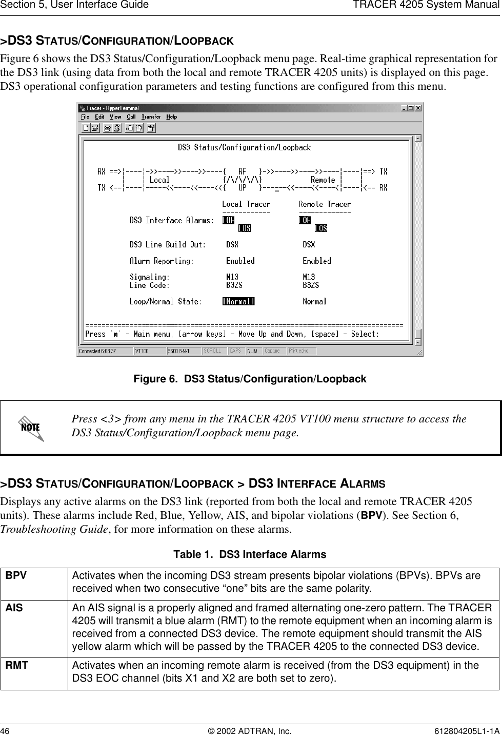 Section 5, User Interface Guide TRACER 4205 System Manual46 © 2002 ADTRAN, Inc. 612804205L1-1A&gt;DS3 STATUS/CONFIGURATION/LOOPBACKFigure 6 shows the DS3 Status/Configuration/Loopback menu page. Real-time graphical representation for the DS3 link (using data from both the local and remote TRACER 4205 units) is displayed on this page. DS3 operational configuration parameters and testing functions are configured from this menu.Figure 6.  DS3 Status/Configuration/Loopback&gt;DS3 STATUS/CONFIGURATION/LOOPBACK &gt; DS3 INTERFACE ALARMSDisplays any active alarms on the DS3 link (reported from both the local and remote TRACER 4205 units). These alarms include Red, Blue, Yellow, AIS, and bipolar violations (BPV). See Section 6, Troubleshooting Guide, for more information on these alarms.Press &lt;3&gt; from any menu in the TRACER 4205 VT100 menu structure to access the DS3 Status/Configuration/Loopback menu page.Table 1.  DS3 Interface AlarmsBPV Activates when the incoming DS3 stream presents bipolar violations (BPVs). BPVs are received when two consecutive “one” bits are the same polarity.AIS An AIS signal is a properly aligned and framed alternating one-zero pattern. The TRACER 4205 will transmit a blue alarm (RMT) to the remote equipment when an incoming alarm is received from a connected DS3 device. The remote equipment should transmit the AIS yellow alarm which will be passed by the TRACER 4205 to the connected DS3 device.RMT Activates when an incoming remote alarm is received (from the DS3 equipment) in the DS3 EOC channel (bits X1 and X2 are both set to zero).