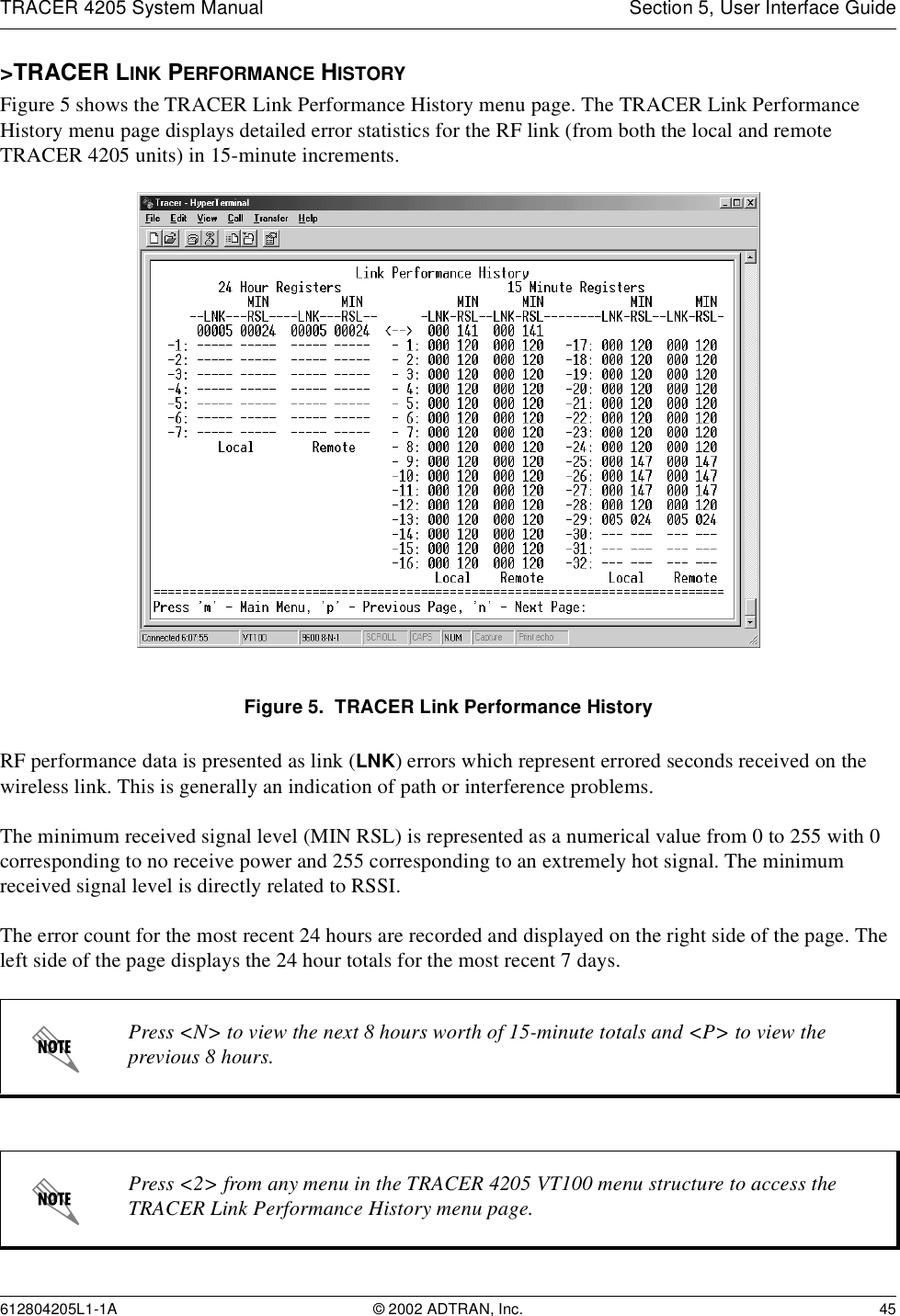 TRACER 4205 System Manual Section 5, User Interface Guide612804205L1-1A © 2002 ADTRAN, Inc. 45&gt;TRACER LINK PERFORMANCE HISTORYFigure 5 shows the TRACER Link Performance History menu page. The TRACER Link Performance History menu page displays detailed error statistics for the RF link (from both the local and remote TRACER 4205 units) in 15-minute increments. Figure 5.  TRACER Link Performance HistoryRF performance data is presented as link (LNK) errors which represent errored seconds received on the wireless link. This is generally an indication of path or interference problems.The minimum received signal level (MIN RSL) is represented as a numerical value from 0 to 255 with 0 corresponding to no receive power and 255 corresponding to an extremely hot signal. The minimum received signal level is directly related to RSSI.The error count for the most recent 24 hours are recorded and displayed on the right side of the page. The left side of the page displays the 24 hour totals for the most recent 7 days. Press &lt;N&gt; to view the next 8 hours worth of 15-minute totals and &lt;P&gt; to view the previous 8 hours.Press &lt;2&gt; from any menu in the TRACER 4205 VT100 menu structure to access the TRACER Link Performance History menu page.