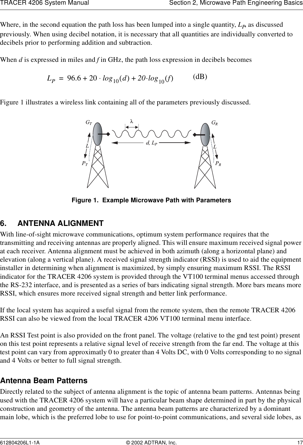 TRACER 4206 System Manual Section 2, Microwave Path Engineering Basics612804206L1-1A © 2002 ADTRAN, Inc. 17Where, in the second equation the path loss has been lumped into a single quantity, LP, as discussed previously. When using decibel notation, it is necessary that all quantities are individually converted to decibels prior to performing addition and subtraction.When d is expressed in miles and f in GHz, the path loss expression in decibels becomesFigure 1 illustrates a wireless link containing all of the parameters previously discussed.Figure 1.  Example Microwave Path with Parameters6. ANTENNA ALIGNMENTWith line-of-sight microwave communications, optimum system performance requires that the transmitting and receiving antennas are properly aligned. This will ensure maximum received signal power at each receiver. Antenna alignment must be achieved in both azimuth (along a horizontal plane) and elevation (along a vertical plane). A received signal strength indicator (RSSI) is used to aid the equipment installer in determining when alignment is maximized, by simply ensuring maximum RSSI. The RSSI indicator for the TRACER 4206 system is provided through the VT100 terminal menus accessed through the RS-232 interface, and is presented as a series of bars indicating signal strength. More bars means more RSSI, which ensures more received signal strength and better link performance.If the local system has acquired a useful signal from the remote system, then the remote TRACER 4206 RSSI can also be viewed from the local TRACER 4206 VT100 terminal menu interface.An RSSI Test point is also provided on the front panel. The voltage (relative to the gnd test point) present on this test point represents a relative signal level of receive strength from the far end. The voltage at this test point can vary from approximatly 0 to greater than 4 Volts DC, with 0 Volts corresponding to no signal and 4 Volts or better to full signal strength.Antenna Beam PatternsDirectly related to the subject of antenna alignment is the topic of antenna beam patterns. Antennas being used with the TRACER 4206 system will have a particular beam shape determined in part by the physical construction and geometry of the antenna. The antenna beam patterns are characterized by a dominant main lobe, which is the preferred lobe to use for point-to-point communications, and several side lobes, as LP96.6 20 log10 d() 20·log+10 f()⋅+= (dB) GTGRd, LPPTPRλLL