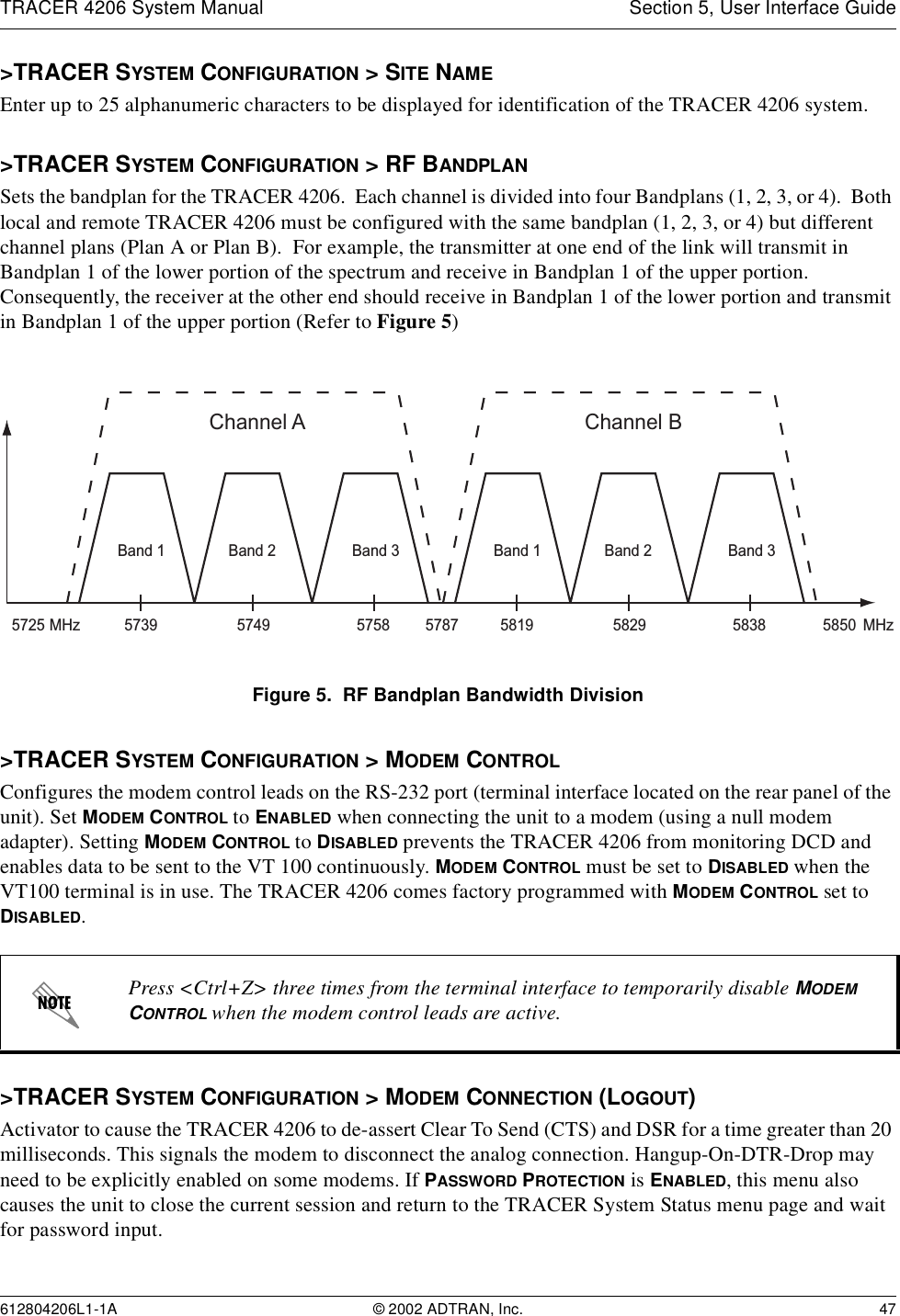 TRACER 4206 System Manual Section 5, User Interface Guide612804206L1-1A © 2002 ADTRAN, Inc. 47&gt;TRACER SYSTEM CONFIGURATION &gt; SITE NAMEEnter up to 25 alphanumeric characters to be displayed for identification of the TRACER 4206 system.&gt;TRACER SYSTEM CONFIGURATION &gt; RF BANDPLANSets the bandplan for the TRACER 4206.  Each channel is divided into four Bandplans (1, 2, 3, or 4).  Both local and remote TRACER 4206 must be configured with the same bandplan (1, 2, 3, or 4) but different channel plans (Plan A or Plan B).  For example, the transmitter at one end of the link will transmit in Bandplan 1 of the lower portion of the spectrum and receive in Bandplan 1 of the upper portion.  Consequently, the receiver at the other end should receive in Bandplan 1 of the lower portion and transmit in Bandplan 1 of the upper portion (Refer to Figure 5)Figure 5.  RF Bandplan Bandwidth Division&gt;TRACER SYSTEM CONFIGURATION &gt; MODEM CONTROLConfigures the modem control leads on the RS-232 port (terminal interface located on the rear panel of the unit). Set MODEM CONTROL to ENABLED when connecting the unit to a modem (using a null modem adapter). Setting MODEM CONTROL to DISABLED prevents the TRACER 4206 from monitoring DCD and enables data to be sent to the VT 100 continuously. MODEM CONTROL must be set to DISABLED when the VT100 terminal is in use. The TRACER 4206 comes factory programmed with MODEM CONTROL set to DISABLED.&gt;TRACER SYSTEM CONFIGURATION &gt; MODEM CONNECTION (LOGOUT)Activator to cause the TRACER 4206 to de-assert Clear To Send (CTS) and DSR for a time greater than 20 milliseconds. This signals the modem to disconnect the analog connection. Hangup-On-DTR-Drop may need to be explicitly enabled on some modems. If PASSWORD PROTECTION is ENABLED, this menu also causes the unit to close the current session and return to the TRACER System Status menu page and wait for password input.Press &lt;Ctrl+Z&gt; three times from the terminal interface to temporarily disable MODEM CONTROL when the modem control leads are active.Channel A57395725 5787 58505749 5758MHz MHzBand 3Band 2Band 1Channel B5819 5829 5838Band 3Band 2Band 1