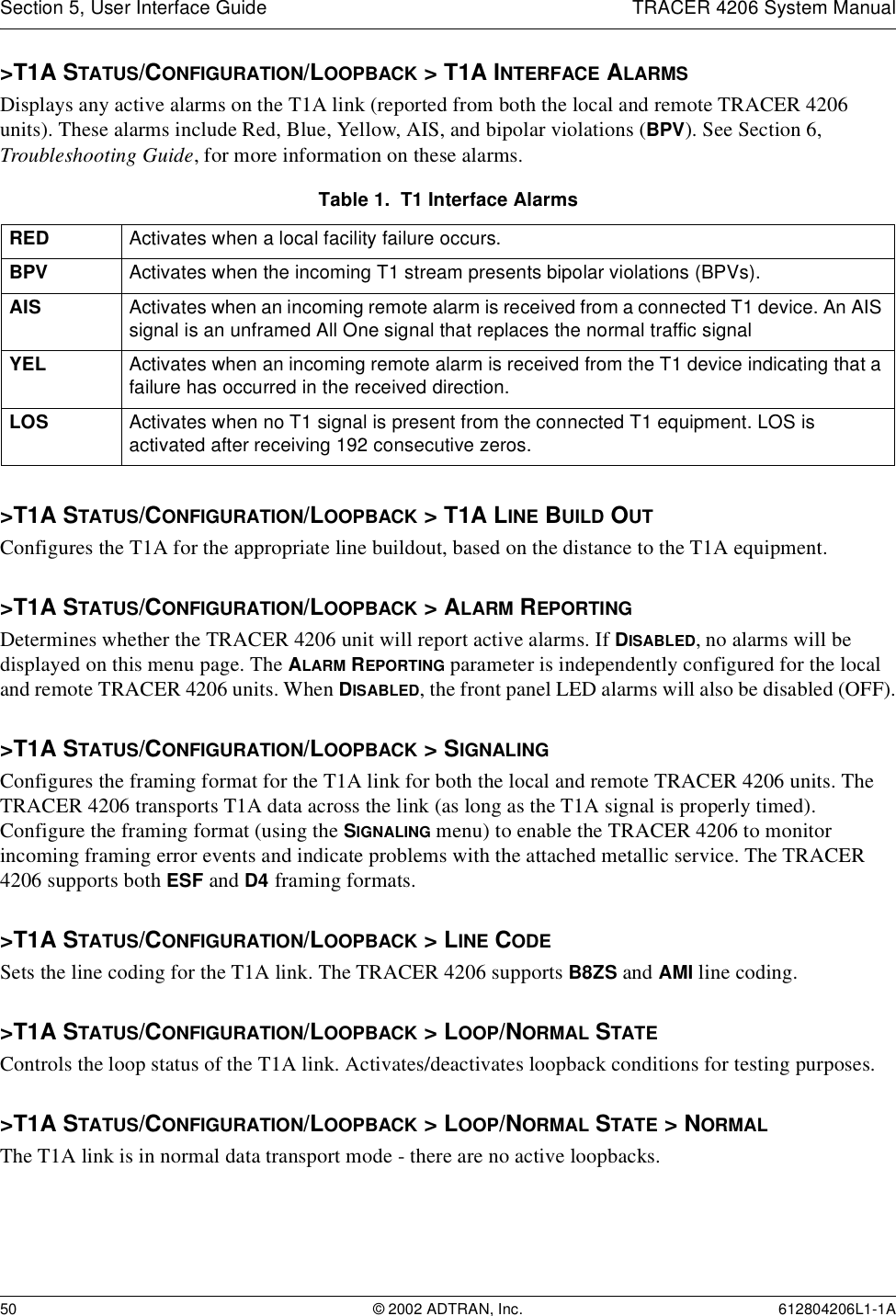 Section 5, User Interface Guide TRACER 4206 System Manual50 © 2002 ADTRAN, Inc. 612804206L1-1A&gt;T1A STATUS/CONFIGURATION/LOOPBACK &gt; T1A INTERFACE ALARMSDisplays any active alarms on the T1A link (reported from both the local and remote TRACER 4206 units). These alarms include Red, Blue, Yellow, AIS, and bipolar violations (BPV). See Section 6, Troubleshooting Guide, for more information on these alarms.&gt;T1A STATUS/CONFIGURATION/LOOPBACK &gt; T1A LINE BUILD OUTConfigures the T1A for the appropriate line buildout, based on the distance to the T1A equipment. &gt;T1A STATUS/CONFIGURATION/LOOPBACK &gt; ALARM REPORTINGDetermines whether the TRACER 4206 unit will report active alarms. If DISABLED, no alarms will be displayed on this menu page. The ALARM REPORTING parameter is independently configured for the local and remote TRACER 4206 units. When DISABLED, the front panel LED alarms will also be disabled (OFF).&gt;T1A STATUS/CONFIGURATION/LOOPBACK &gt; SIGNALINGConfigures the framing format for the T1A link for both the local and remote TRACER 4206 units. The TRACER 4206 transports T1A data across the link (as long as the T1A signal is properly timed). Configure the framing format (using the SIGNALING menu) to enable the TRACER 4206 to monitor incoming framing error events and indicate problems with the attached metallic service. The TRACER 4206 supports both ESF and D4 framing formats.&gt;T1A STATUS/CONFIGURATION/LOOPBACK &gt; LINE CODESets the line coding for the T1A link. The TRACER 4206 supports B8ZS and AMI line coding.&gt;T1A STATUS/CONFIGURATION/LOOPBACK &gt; LOOP/NORMAL STATEControls the loop status of the T1A link. Activates/deactivates loopback conditions for testing purposes.&gt;T1A STATUS/CONFIGURATION/LOOPBACK &gt; LOOP/NORMAL STATE &gt; NORMALThe T1A link is in normal data transport mode - there are no active loopbacks.Table 1.  T1 Interface AlarmsRED Activates when a local facility failure occurs.BPV Activates when the incoming T1 stream presents bipolar violations (BPVs).AIS Activates when an incoming remote alarm is received from a connected T1 device. An AIS signal is an unframed All One signal that replaces the normal traffic signalYEL Activates when an incoming remote alarm is received from the T1 device indicating that a failure has occurred in the received direction.LOS Activates when no T1 signal is present from the connected T1 equipment. LOS is activated after receiving 192 consecutive zeros.