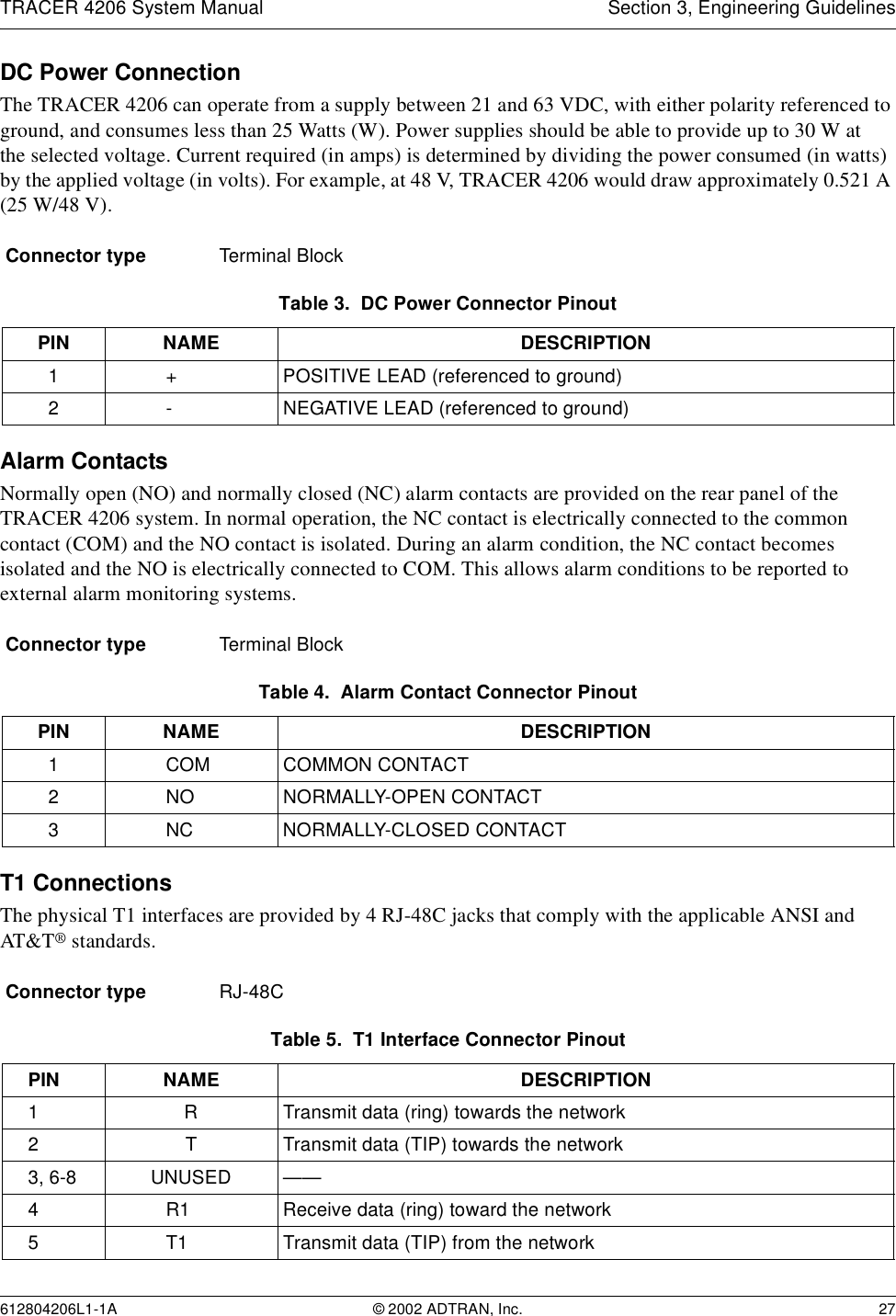 TRACER 4206 System Manual Section 3, Engineering Guidelines612804206L1-1A © 2002 ADTRAN, Inc. 27DC Power ConnectionThe TRACER 4206 can operate from a supply between 21 and 63 VDC, with either polarity referenced to ground, and consumes less than 25 Watts (W). Power supplies should be able to provide up to 30 W atthe selected voltage. Current required (in amps) is determined by dividing the power consumed (in watts) by the applied voltage (in volts). For example, at 48 V, TRACER 4206 would draw approximately 0.521 A (25 W/48 V).Alarm ContactsNormally open (NO) and normally closed (NC) alarm contacts are provided on the rear panel of the TRACER 4206 system. In normal operation, the NC contact is electrically connected to the common contact (COM) and the NO contact is isolated. During an alarm condition, the NC contact becomes isolated and the NO is electrically connected to COM. This allows alarm conditions to be reported to external alarm monitoring systems.T1 ConnectionsThe physical T1 interfaces are provided by 4 RJ-48C jacks that comply with the applicable ANSI and AT&amp;T® standards.Connector type Terminal BlockTable 3.  DC Power Connector PinoutPIN NAME DESCRIPTION1+ POSITIVE LEAD (referenced to ground)2- NEGATIVE LEAD (referenced to ground)Connector type Terminal BlockTable 4.  Alarm Contact Connector PinoutPIN NAME DESCRIPTION1COM COMMON CONTACT2NO NORMALLY-OPEN CONTACT3NC NORMALLY-CLOSED CONTACTConnector type RJ-48CTable 5.  T1 Interface Connector PinoutPIN NAME DESCRIPTION1 R Transmit data (ring) towards the network2 T Transmit data (TIP) towards the network3, 6-8 UNUSED ——4R1 Receive data (ring) toward the network5T1 Transmit data (TIP) from the network