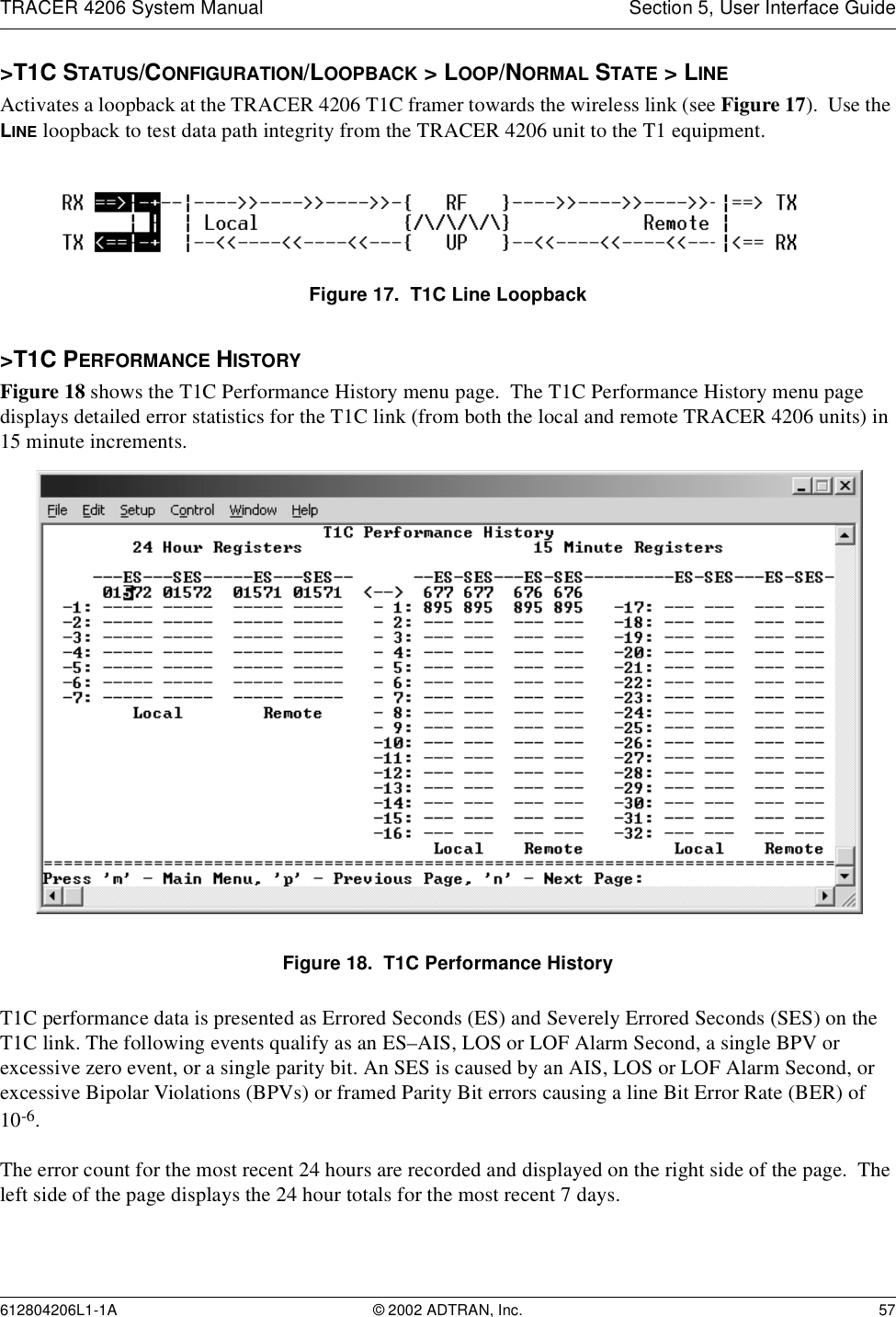 TRACER 4206 System Manual Section 5, User Interface Guide612804206L1-1A © 2002 ADTRAN, Inc. 57&gt;T1C STATUS/CONFIGURATION/LOOPBACK &gt; LOOP/NORMAL STATE &gt; LINEActivates a loopback at the TRACER 4206 T1C framer towards the wireless link (see Figure 17).  Use the LINE loopback to test data path integrity from the TRACER 4206 unit to the T1 equipment.Figure 17.  T1C Line Loopback&gt;T1C PERFORMANCE HISTORYFigure 18 shows the T1C Performance History menu page.  The T1C Performance History menu page displays detailed error statistics for the T1C link (from both the local and remote TRACER 4206 units) in 15 minute increments.Figure 18.  T1C Performance HistoryT1C performance data is presented as Errored Seconds (ES) and Severely Errored Seconds (SES) on the T1C link. The following events qualify as an ES–AIS, LOS or LOF Alarm Second, a single BPV or excessive zero event, or a single parity bit. An SES is caused by an AIS, LOS or LOF Alarm Second, or excessive Bipolar Violations (BPVs) or framed Parity Bit errors causing a line Bit Error Rate (BER) of 10-6.The error count for the most recent 24 hours are recorded and displayed on the right side of the page.  The left side of the page displays the 24 hour totals for the most recent 7 days.