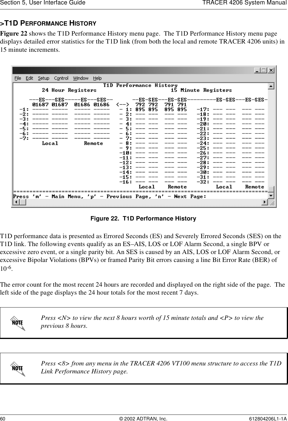 Section 5, User Interface Guide TRACER 4206 System Manual60 © 2002 ADTRAN, Inc. 612804206L1-1A&gt;T1D PERFORMANCE HISTORYFigure 22 shows the T1D Performance History menu page.  The T1D Performance History menu page displays detailed error statistics for the T1D link (from both the local and remote TRACER 4206 units) in 15 minute increments. Figure 22.  T1D Performance HistoryT1D performance data is presented as Errored Seconds (ES) and Severely Errored Seconds (SES) on the T1D link. The following events qualify as an ES–AIS, LOS or LOF Alarm Second, a single BPV or excessive zero event, or a single parity bit. An SES is caused by an AIS, LOS or LOF Alarm Second, or excessive Bipolar Violations (BPVs) or framed Parity Bit errors causing a line Bit Error Rate (BER) of 10-6.The error count for the most recent 24 hours are recorded and displayed on the right side of the page.  The left side of the page displays the 24 hour totals for the most recent 7 days.Press &lt;N&gt; to view the next 8 hours worth of 15 minute totals and &lt;P&gt; to view the previous 8 hours.Press &lt;8&gt; from any menu in the TRACER 4206 VT100 menu structure to access the T1D Link Performance History page.