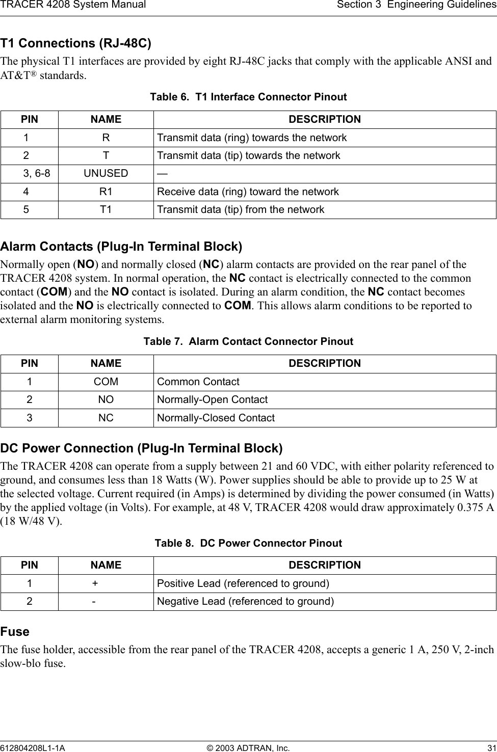 TRACER 4208 System Manual Section 3  Engineering Guidelines612804208L1-1A © 2003 ADTRAN, Inc. 31T1 Connections (RJ-48C)The physical T1 interfaces are provided by eight RJ-48C jacks that comply with the applicable ANSI and AT&amp; T® standards.Alarm Contacts (Plug-In Terminal Block)Normally open (NO) and normally closed (NC) alarm contacts are provided on the rear panel of the TRACER 4208 system. In normal operation, the NC contact is electrically connected to the common contact (COM) and the NO contact is isolated. During an alarm condition, the NC contact becomes isolated and the NO is electrically connected to COM. This allows alarm conditions to be reported to external alarm monitoring systems.DC Power Connection (Plug-In Terminal Block)The TRACER 4208 can operate from a supply between 21 and 60 VDC, with either polarity referenced to ground, and consumes less than 18 Watts (W). Power supplies should be able to provide up to 25 W atthe selected voltage. Current required (in Amps) is determined by dividing the power consumed (in Watts) by the applied voltage (in Volts). For example, at 48 V, TRACER 4208 would draw approximately 0.375 A (18 W/48 V).FuseThe fuse holder, accessible from the rear panel of the TRACER 4208, accepts a generic 1 A, 250 V, 2-inch slow-blo fuse.Table 6.  T1 Interface Connector PinoutPIN NAME DESCRIPTION1RTransmit data (ring) towards the network2 T Transmit data (tip) towards the network3, 6-8 UNUSED —4R1 Receive data (ring) toward the network5T1 Transmit data (tip) from the networkTable 7.  Alarm Contact Connector PinoutPIN NAME DESCRIPTION1 COM Common Contact2NO Normally-Open Contact3NC Normally-Closed ContactTable 8.  DC Power Connector PinoutPIN NAME DESCRIPTION1 + Positive Lead (referenced to ground)2 - Negative Lead (referenced to ground)