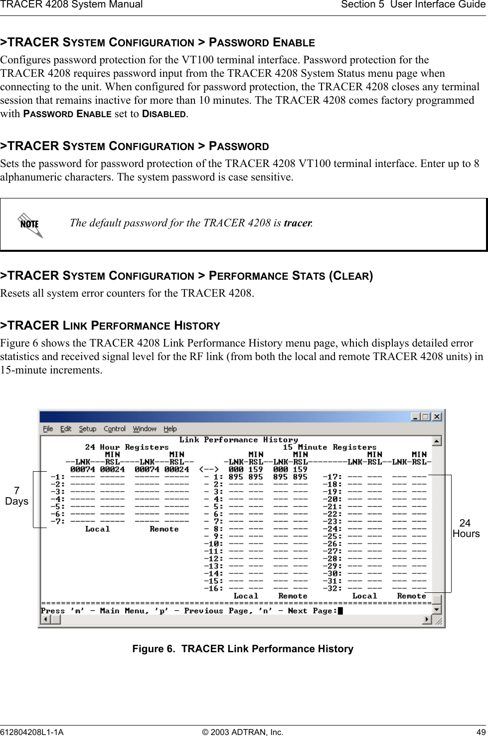 TRACER 4208 System Manual Section 5  User Interface Guide612804208L1-1A © 2003 ADTRAN, Inc. 49&gt;TRACER SYSTEM CONFIGURATION &gt; PASSWORD ENABLEConfigures password protection for the VT100 terminal interface. Password protection for the TRACER 4208 requires password input from the TRACER 4208 System Status menu page when connecting to the unit. When configured for password protection, the TRACER 4208 closes any terminal session that remains inactive for more than 10 minutes. The TRACER 4208 comes factory programmed with PASSWORD ENABLE set to DISABLED. &gt;TRACER SYSTEM CONFIGURATION &gt; PASSWORDSets the password for password protection of the TRACER 4208 VT100 terminal interface. Enter up to 8 alphanumeric characters. The system password is case sensitive.&gt;TRACER SYSTEM CONFIGURATION &gt; PERFORMANCE STATS (CLEAR)Resets all system error counters for the TRACER 4208.&gt;TRACER LINK PERFORMANCE HISTORYFigure 6 shows the TRACER 4208 Link Performance History menu page, which displays detailed error statistics and received signal level for the RF link (from both the local and remote TRACER 4208 units) in 15-minute increments. Figure 6.  TRACER Link Performance HistoryThe default password for the TRACER 4208 is tracer.24 Hours7 Days