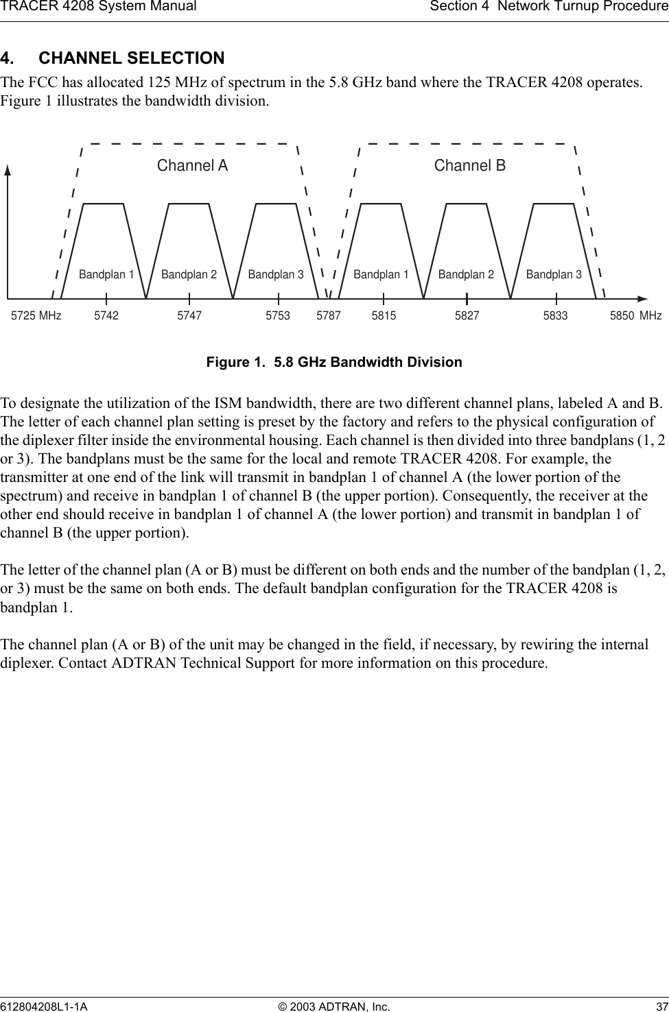 TRACER 4208 System Manual Section 4  Network Turnup Procedure612804208L1-1A © 2003 ADTRAN, Inc. 374. CHANNEL SELECTIONThe FCC has allocated 125 MHz of spectrum in the 5.8 GHz band where the TRACER 4208 operates. Figure 1 illustrates the bandwidth division. Figure 1.  5.8 GHz Bandwidth DivisionTo designate the utilization of the ISM bandwidth, there are two different channel plans, labeled A and B. The letter of each channel plan setting is preset by the factory and refers to the physical configuration of the diplexer filter inside the environmental housing. Each channel is then divided into three bandplans (1, 2 or 3). The bandplans must be the same for the local and remote TRACER 4208. For example, the transmitter at one end of the link will transmit in bandplan 1 of channel A (the lower portion of the spectrum) and receive in bandplan 1 of channel B (the upper portion). Consequently, the receiver at the other end should receive in bandplan 1 of channel A (the lower portion) and transmit in bandplan 1 of channel B (the upper portion).The letter of the channel plan (A or B) must be different on both ends and the number of the bandplan (1, 2, or 3) must be the same on both ends. The default bandplan configuration for the TRACER 4208 is bandplan 1.The channel plan (A or B) of the unit may be changed in the field, if necessary, by rewiring the internal diplexer. Contact ADTRAN Technical Support for more information on this procedure.ChannelA57425725 5787 58505747 5753MHz MHzBandplan3Bandplan2Bandplan1ChannelB5815 5827 5833Bandplan3Bandplan2Bandplan1