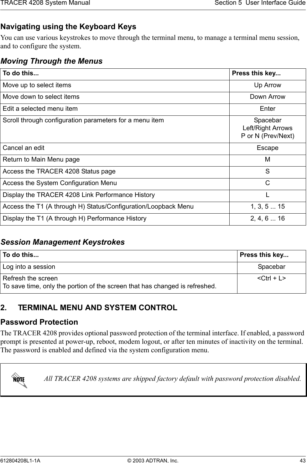 TRACER 4208 System Manual Section 5  User Interface Guide612804208L1-1A © 2003 ADTRAN, Inc. 43Navigating using the Keyboard KeysYou can use various keystrokes to move through the terminal menu, to manage a terminal menu session, and to configure the system.Moving Through the MenusSession Management Keystrokes2. TERMINAL MENU AND SYSTEM CONTROLPassword ProtectionThe TRACER 4208 provides optional password protection of the terminal interface. If enabled, a password prompt is presented at power-up, reboot, modem logout, or after ten minutes of inactivity on the terminal. The password is enabled and defined via the system configuration menu.To do this... Press this key...Move up to select items Up ArrowMove down to select items Down ArrowEdit a selected menu item EnterScroll through configuration parameters for a menu item SpacebarLeft/Right ArrowsP or N (Prev/Next)Cancel an edit EscapeReturn to Main Menu page MAccess the TRACER 4208 Status page SAccess the System Configuration Menu CDisplay the TRACER 4208 Link Performance History LAccess the T1 (A through H) Status/Configuration/Loopback Menu 1, 3, 5 ... 15Display the T1 (A through H) Performance History 2, 4, 6 ... 16To do this... Press this key...Log into a session SpacebarRefresh the screenTo save time, only the portion of the screen that has changed is refreshed. &lt;Ctrl + L&gt;All TRACER 4208 systems are shipped factory default with password protection disabled.